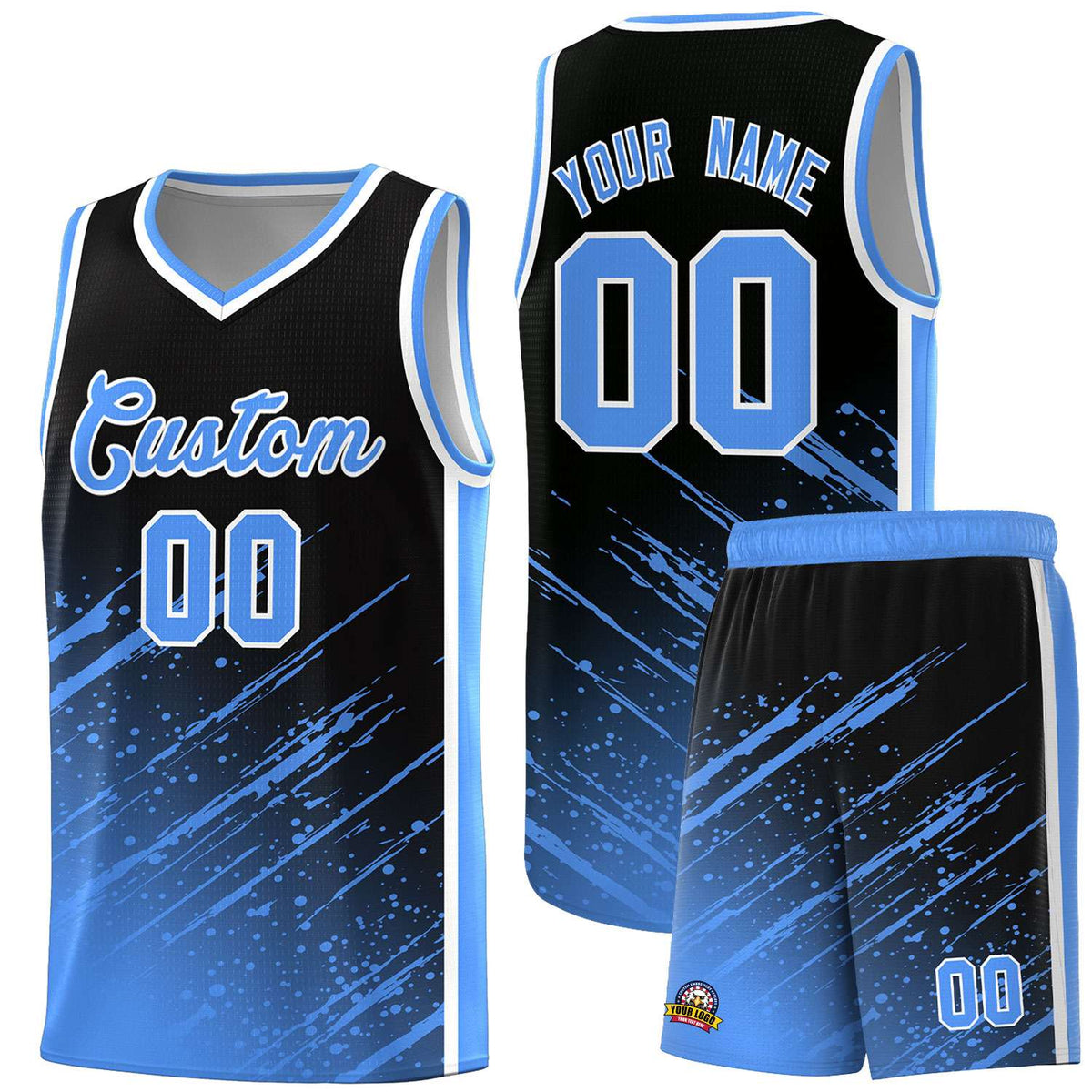 Custom Black Basketball Kits With Powder Blue Paint Graffiti