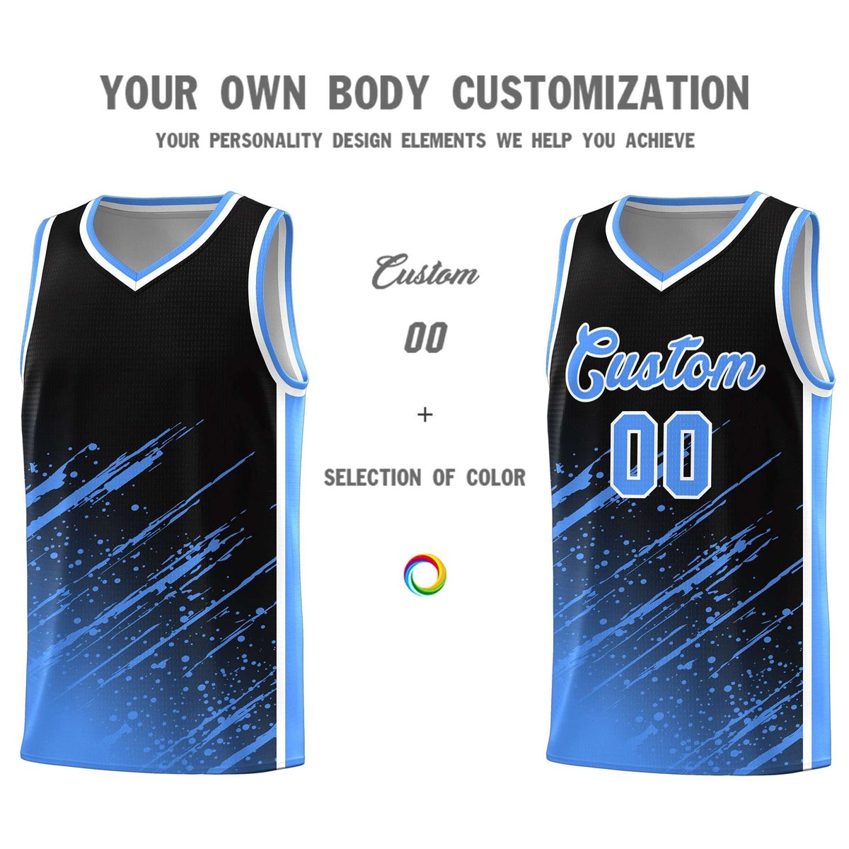 Custom Black Basketball Kits With Powder Blue Paint Graffiti