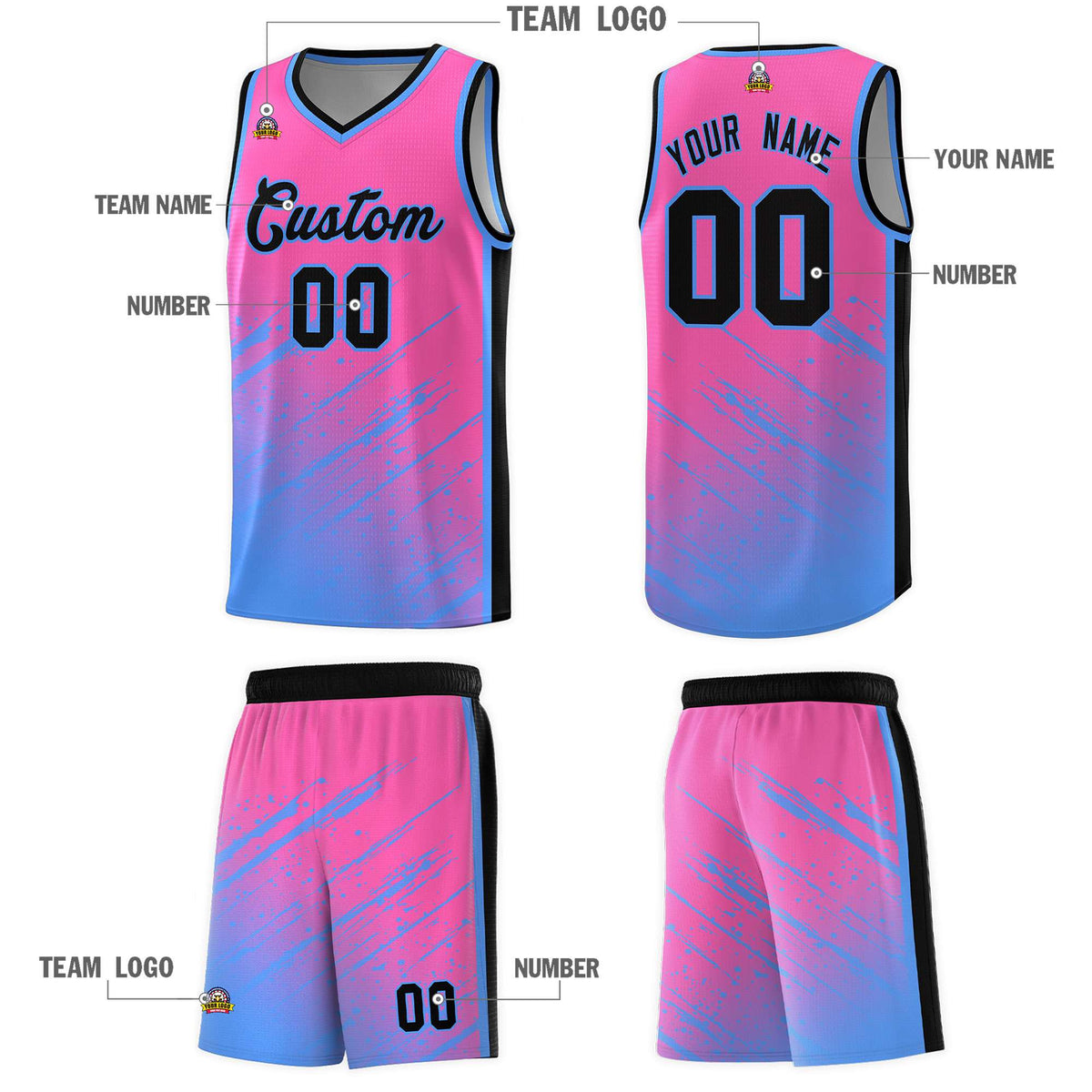 Custom Pink Basketball Kits With Powder Blue Paint Graffiti