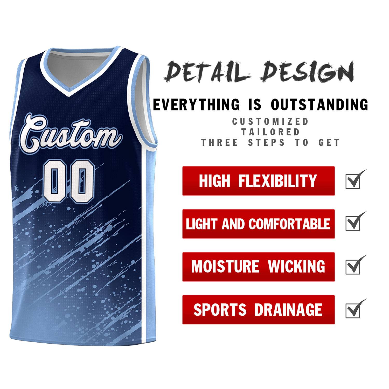 Custom Navy Basketball Kits With Light Blue Paint Graffiti
