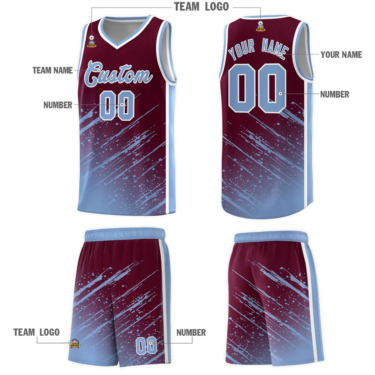 Custom Crimson Basketball Kits With Light Blue Paint Graffiti