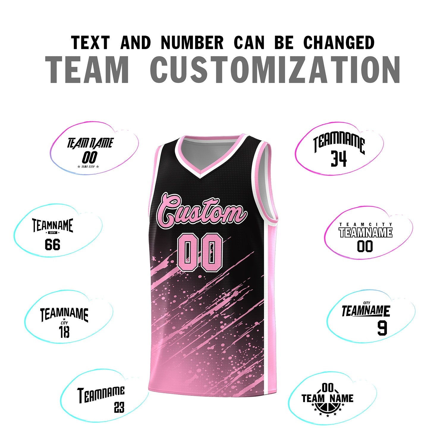 Custom Black Basketball Kits With Light Pink Paint Graffiti