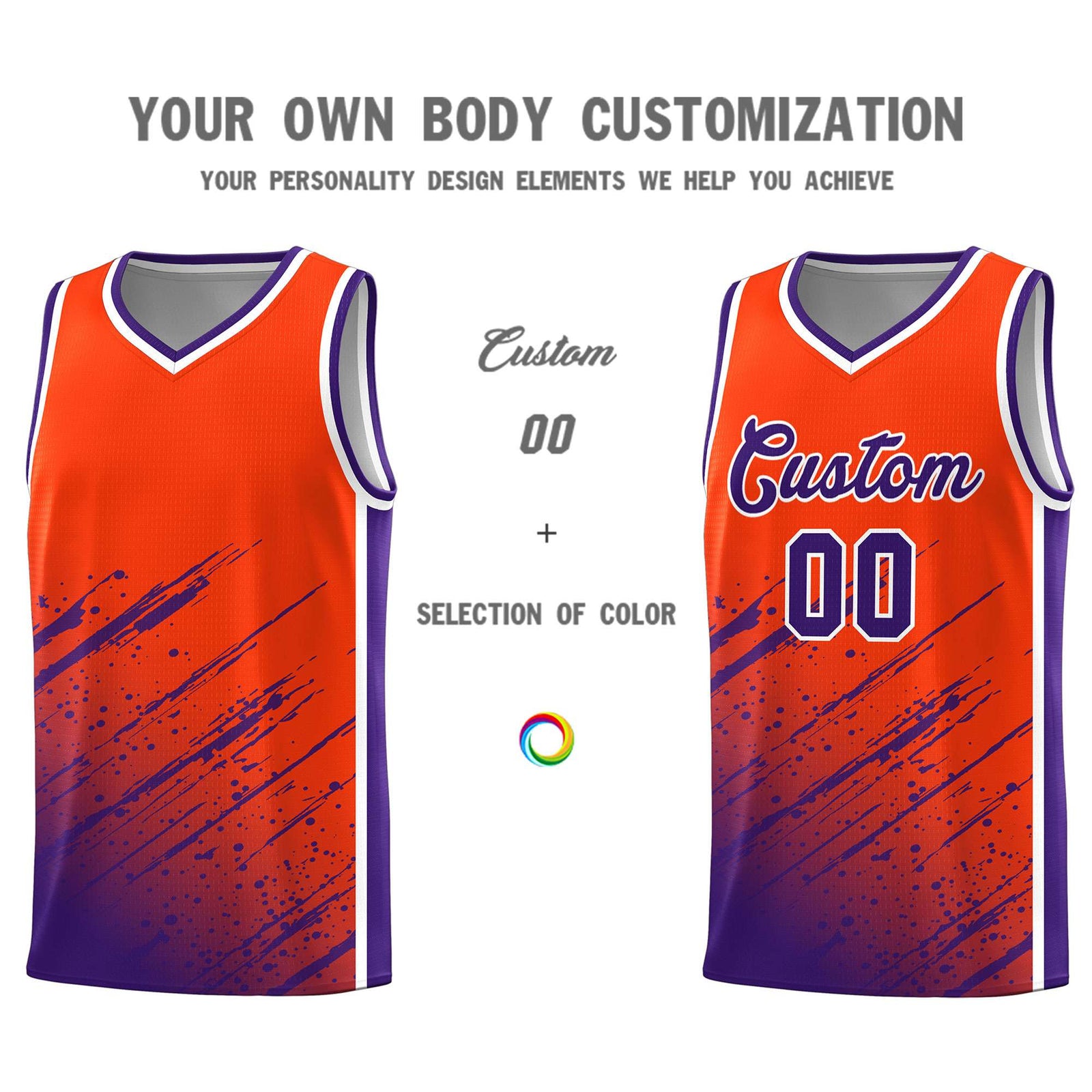 Custom Orange Basketball Kits With Purple Paint Graffiti