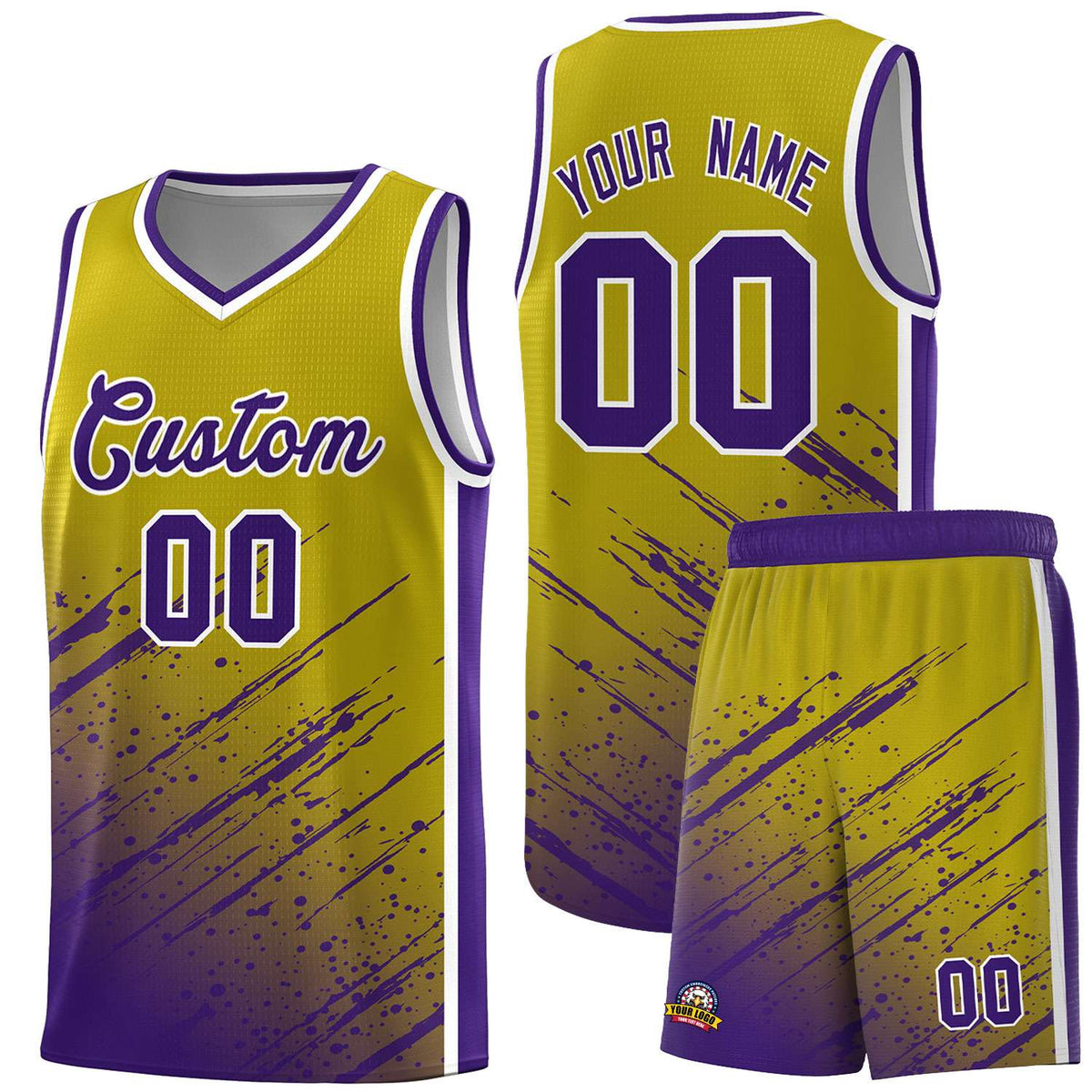 Custom Old Gold Basketball Kits With Purple Paint Graffiti