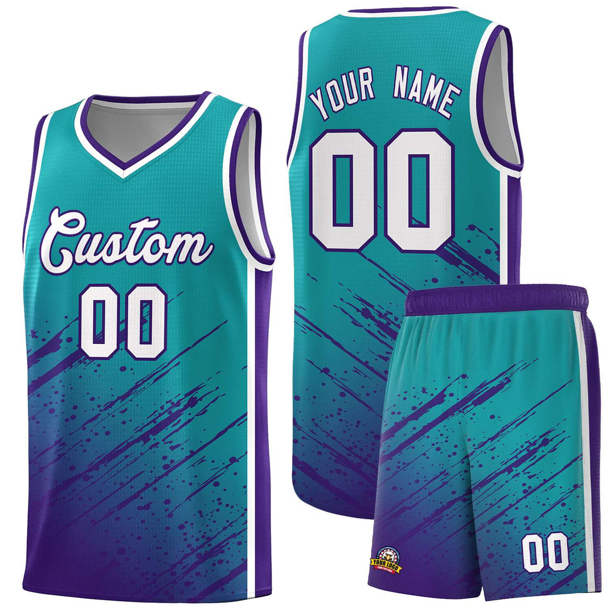 Custom Aqua Basketball Kits With Purple Paint Graffiti
