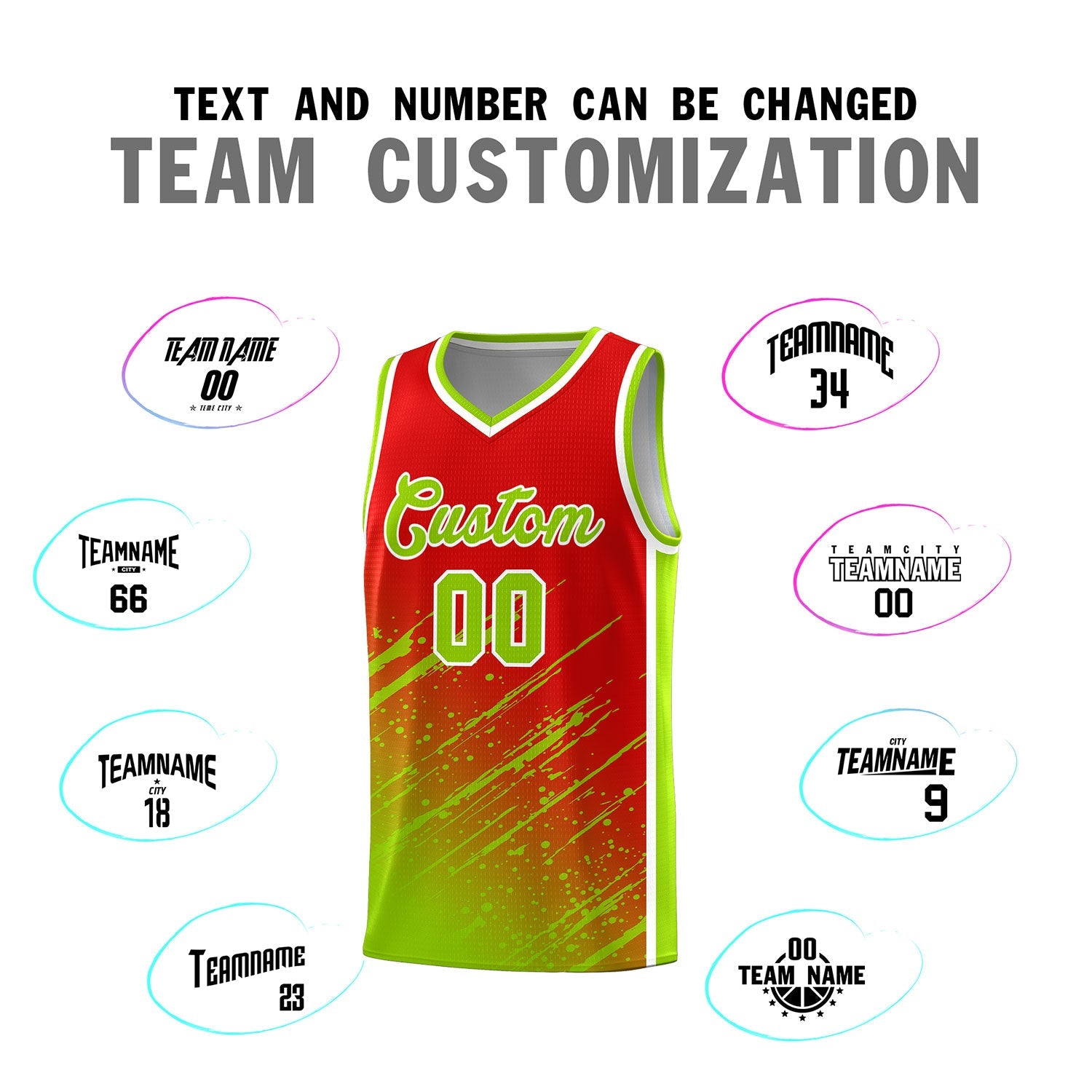 Custom Red Basketball Kits With Neon Green Paint Graffiti