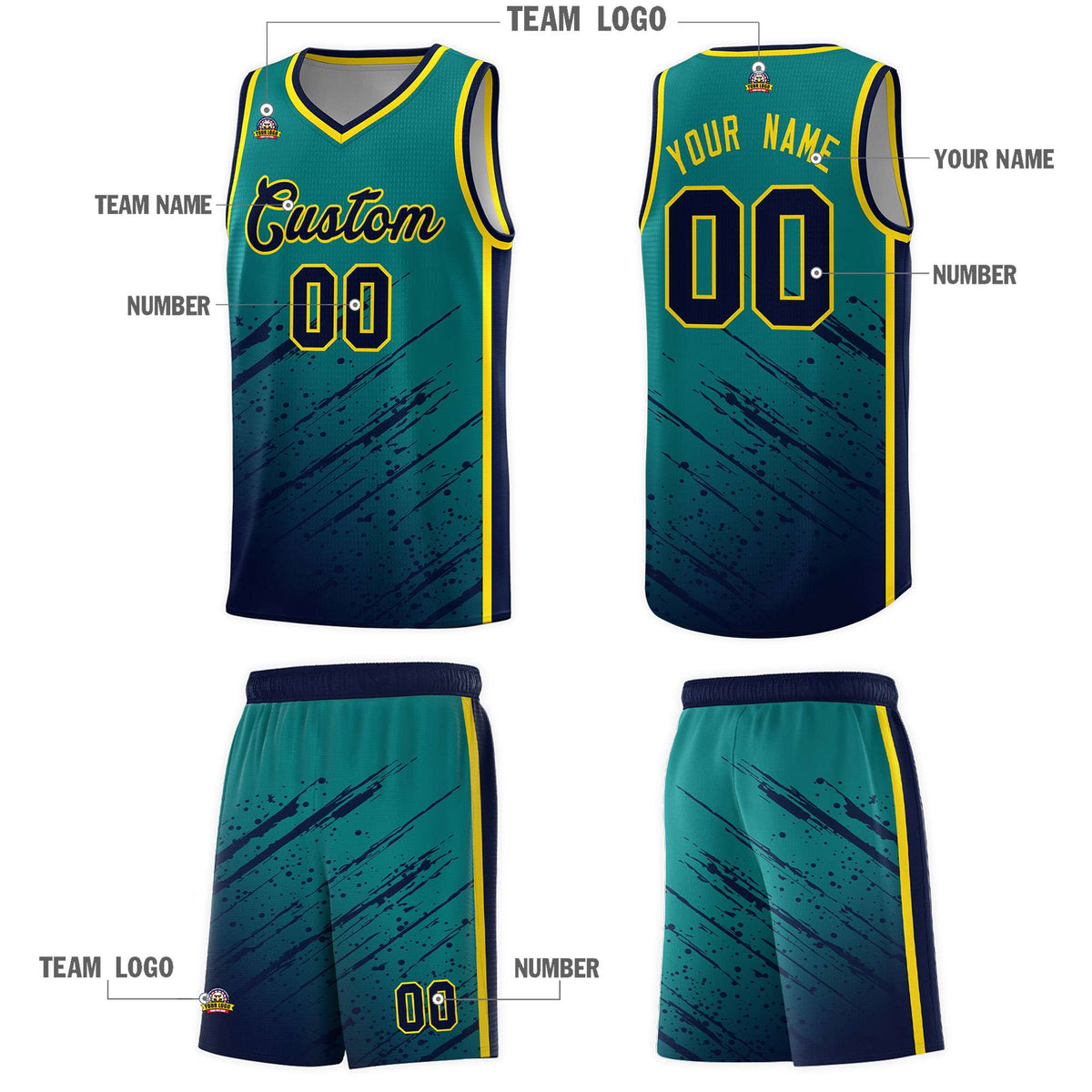 Custom Aqua Basketball Kits With Navy Paint Graffiti