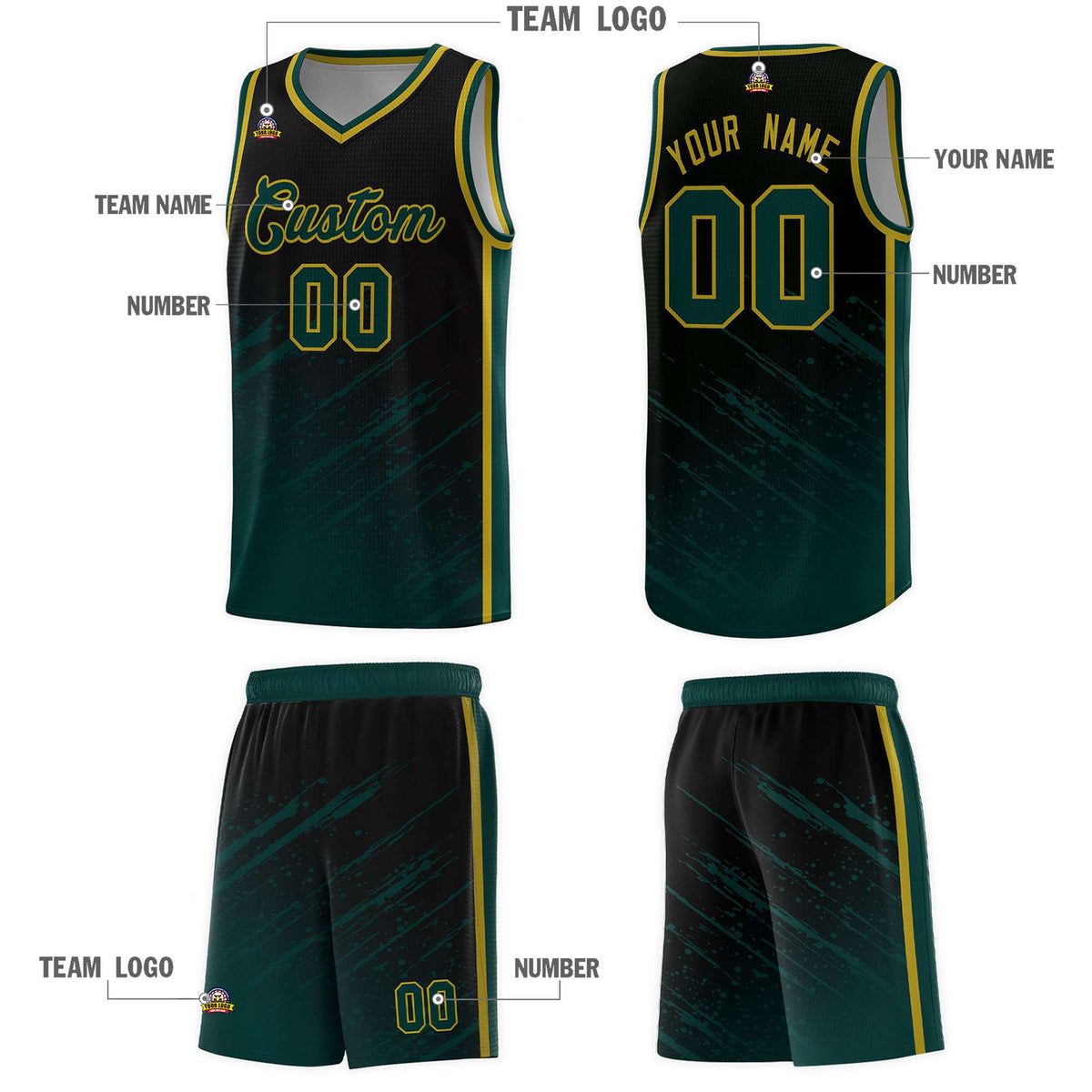 Custom Black Basketball Kits With Midnight Green Paint Graffiti