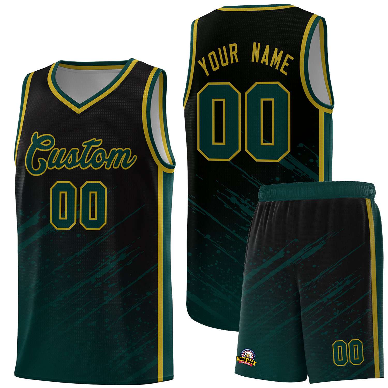 Custom Black Basketball Kits With Midnight Green Paint Graffiti