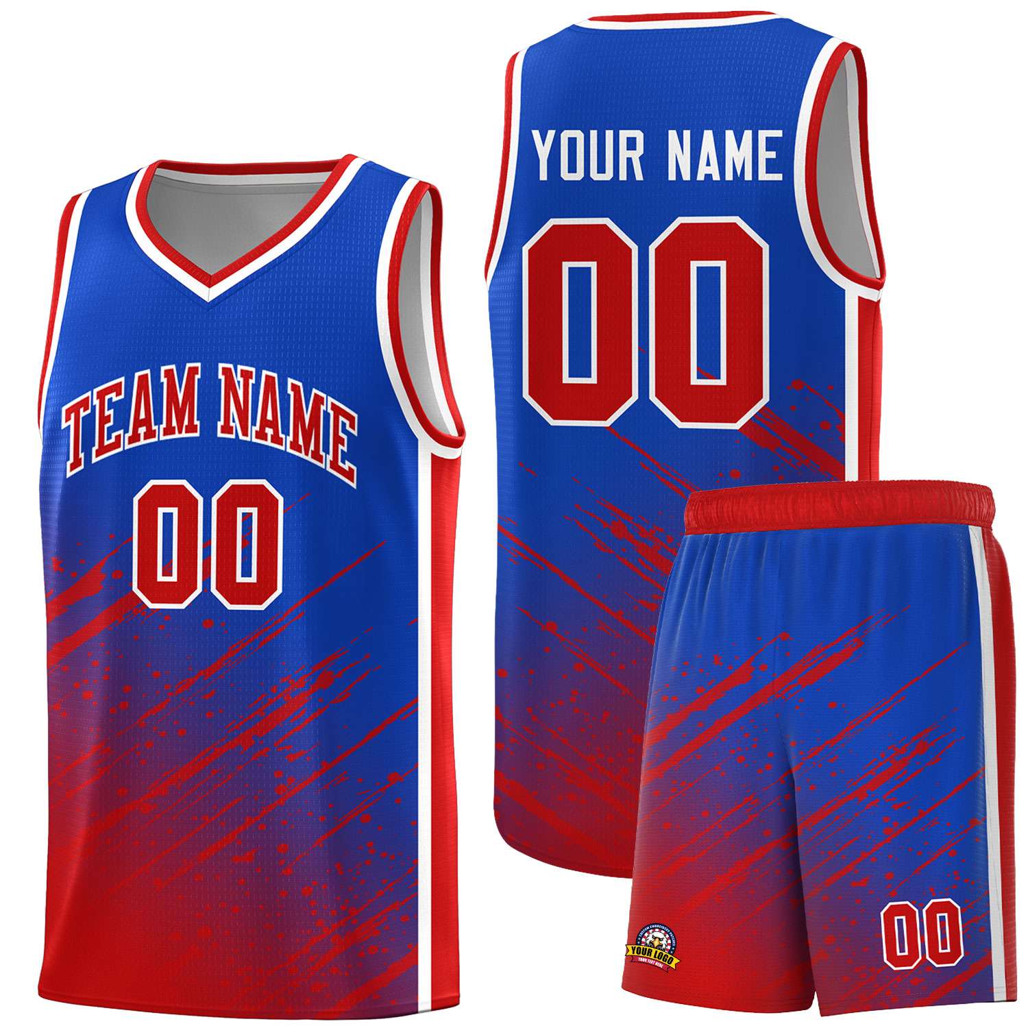 Custom Royal Basketball Kits With Red Paint Graffiti