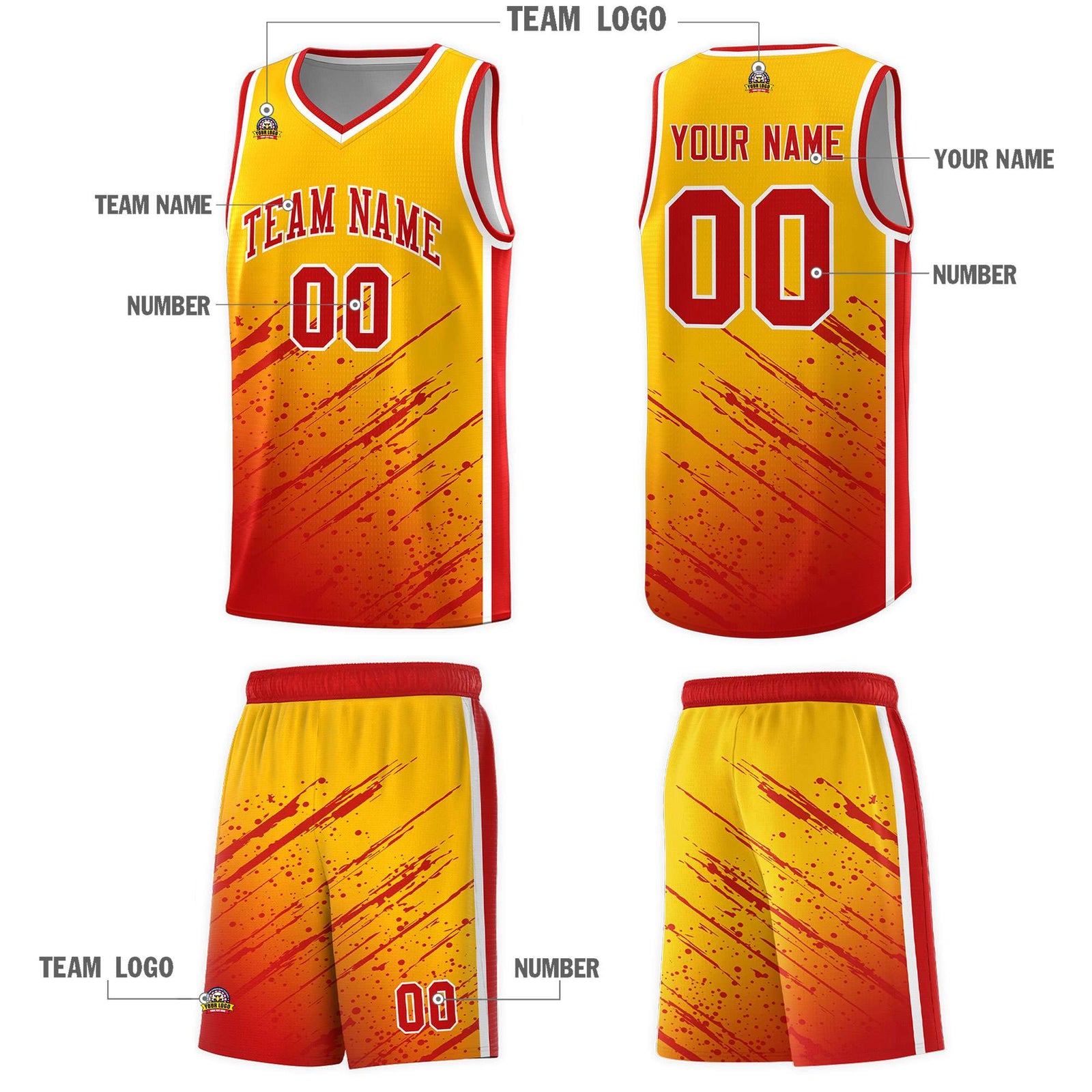 Custom Yellow Basketball Kits With Red Paint Graffiti