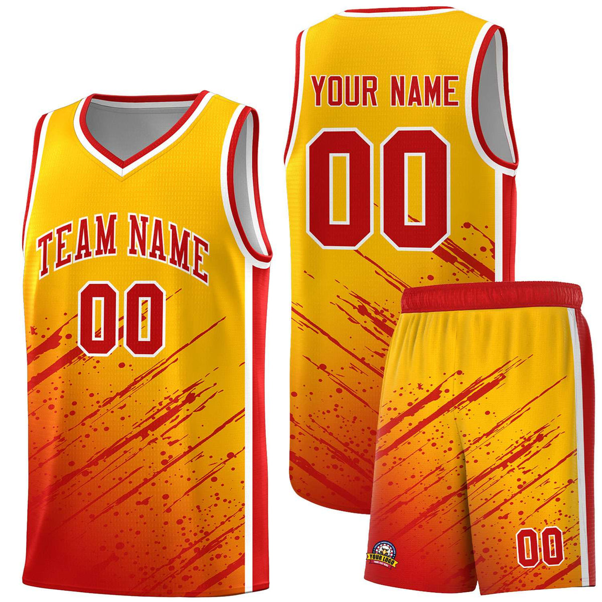 Custom Yellow Basketball Kits With Red Paint Graffiti
