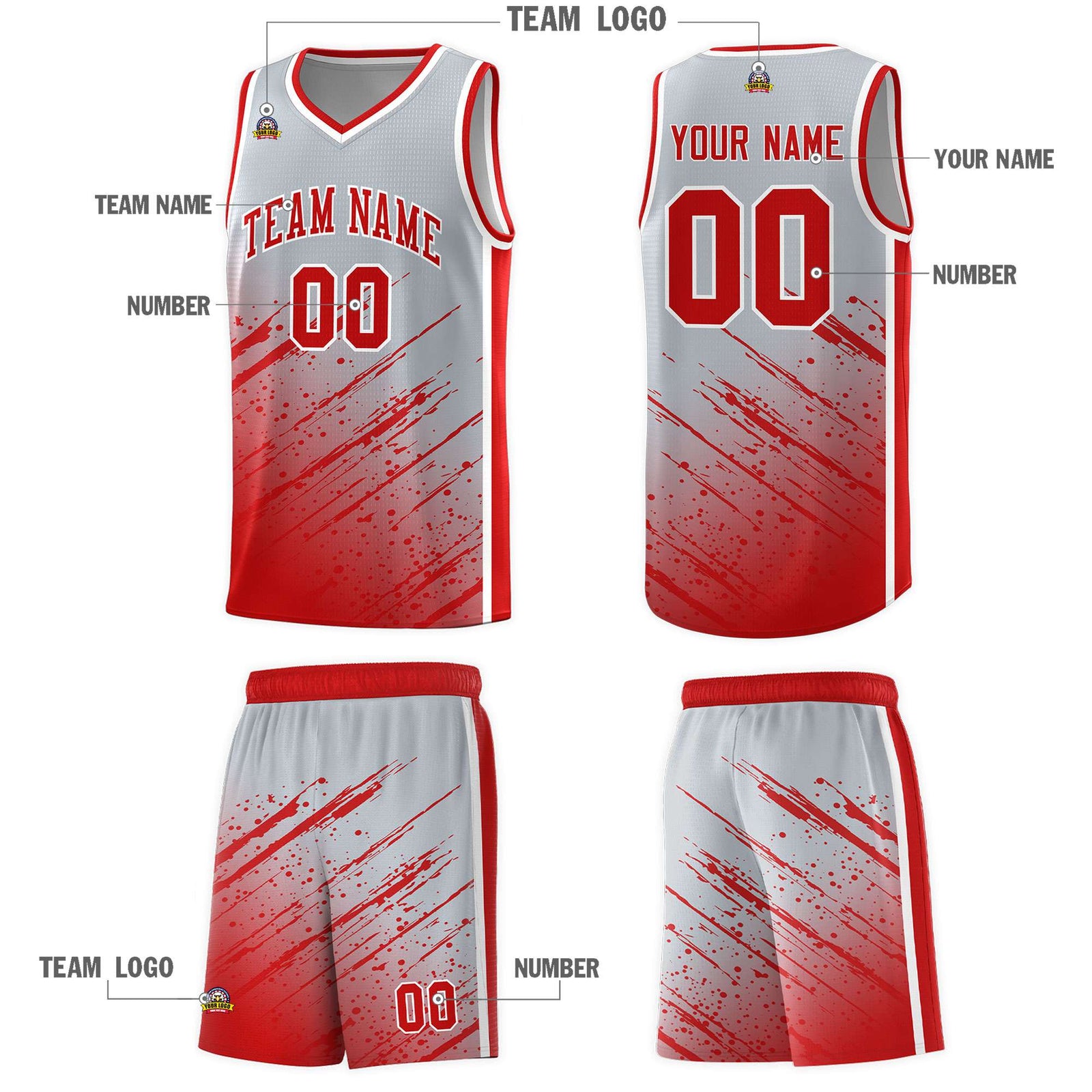 Custom Gray Basketball Kits With Red Paint Graffiti