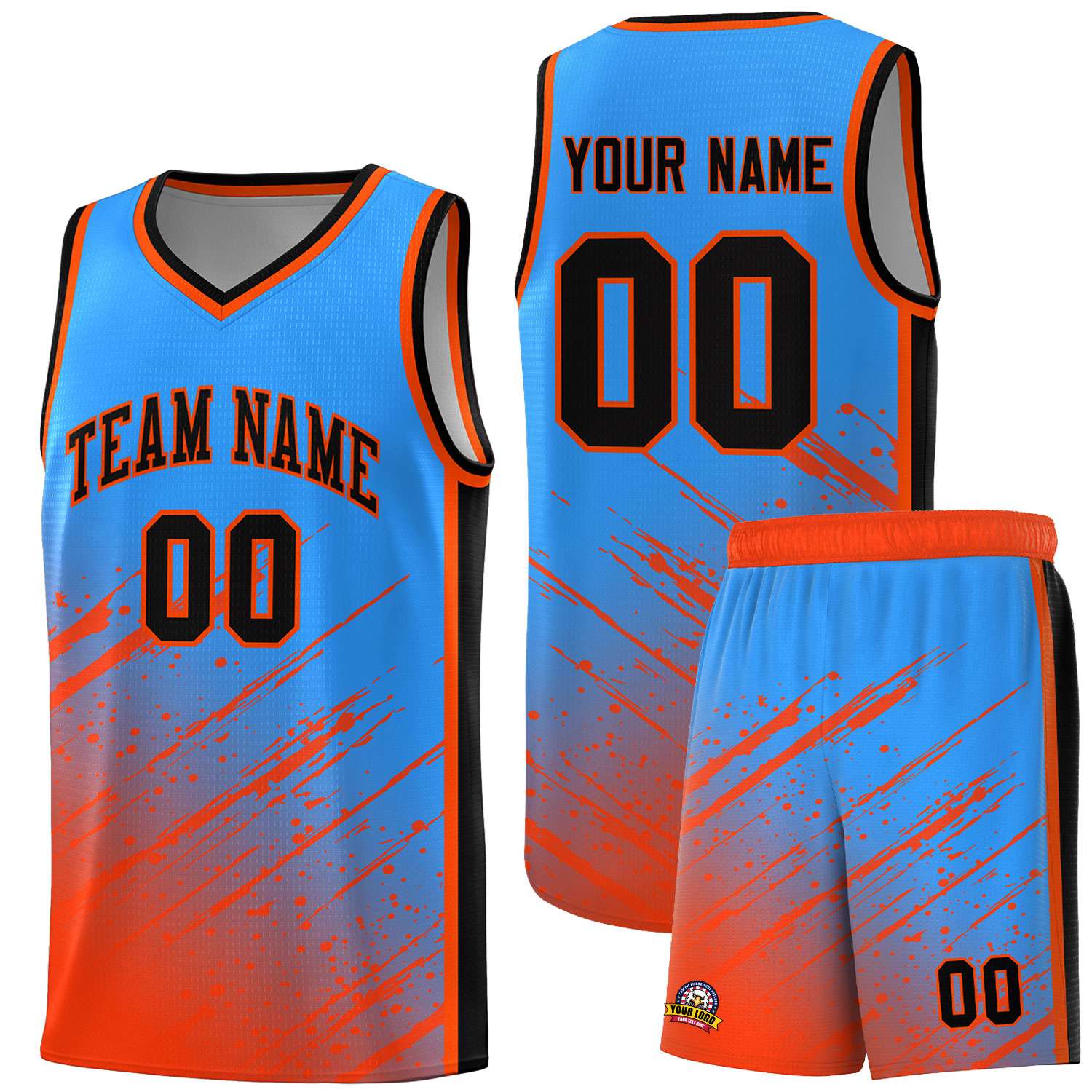 Custom Powder Blue Basketball Kits With Orange Paint Graffiti