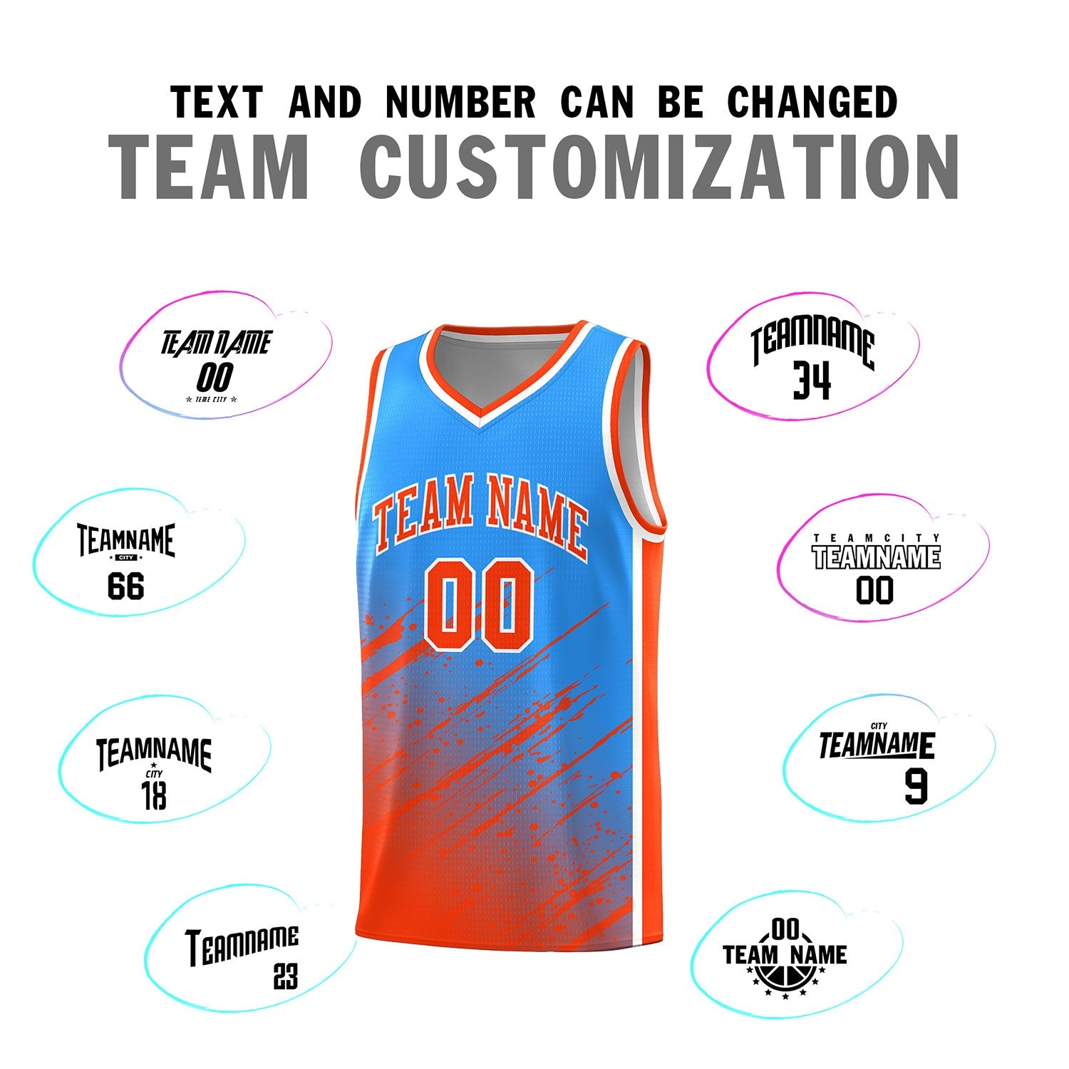 Custom Powder Blue Basketball Kits With Orange Paint Graffiti