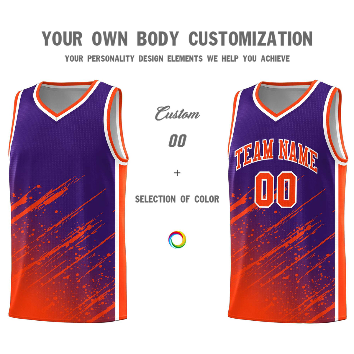 Custom Purple Basketball Kits With Orange Paint Graffiti