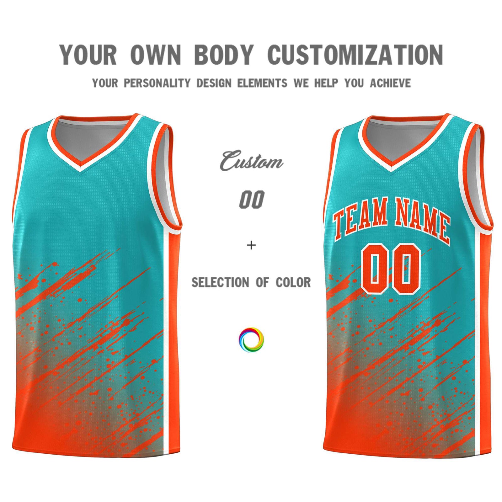 Custom Aqua Basketball Kits With Orange Paint Graffiti