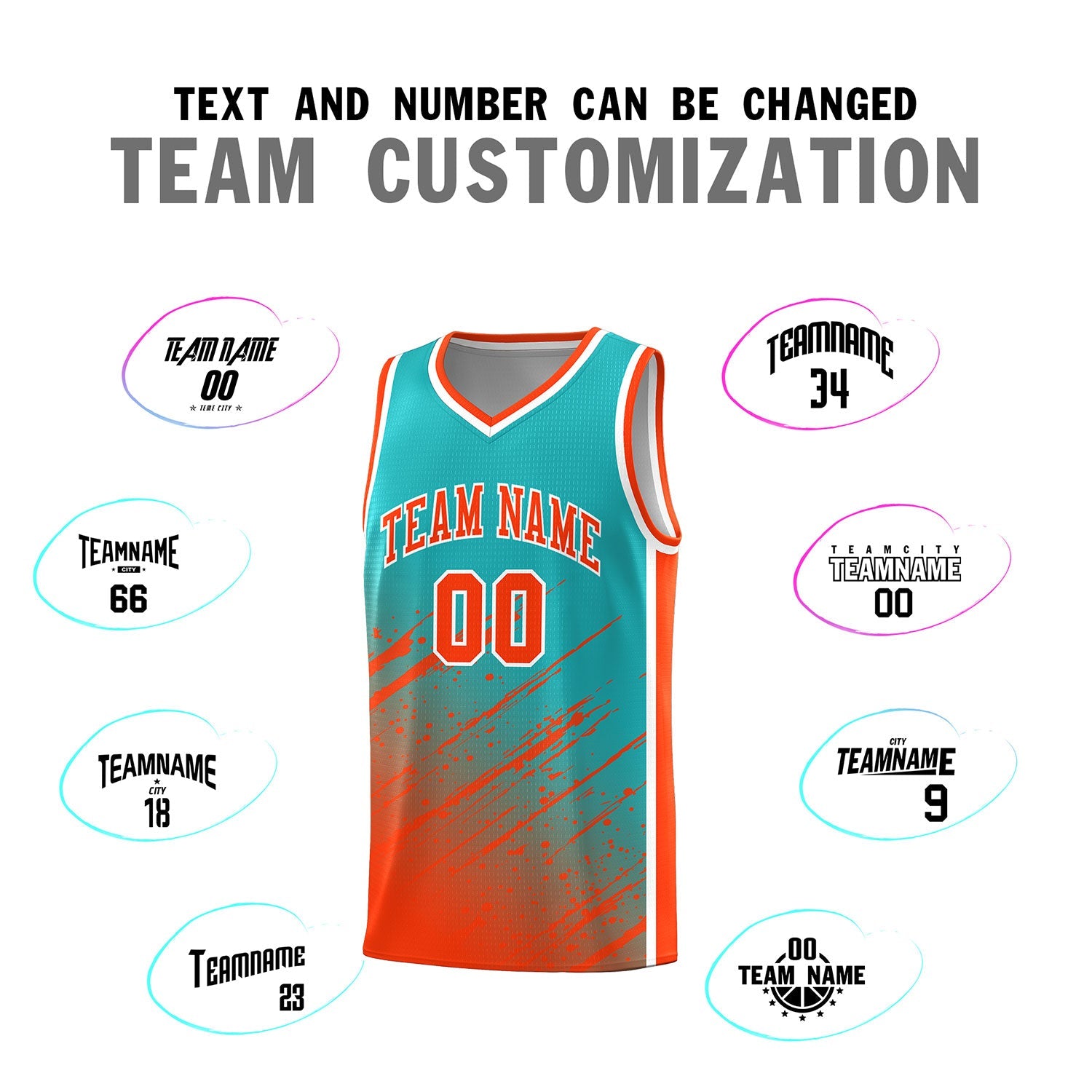 Custom Aqua Basketball Kits With Orange Paint Graffiti