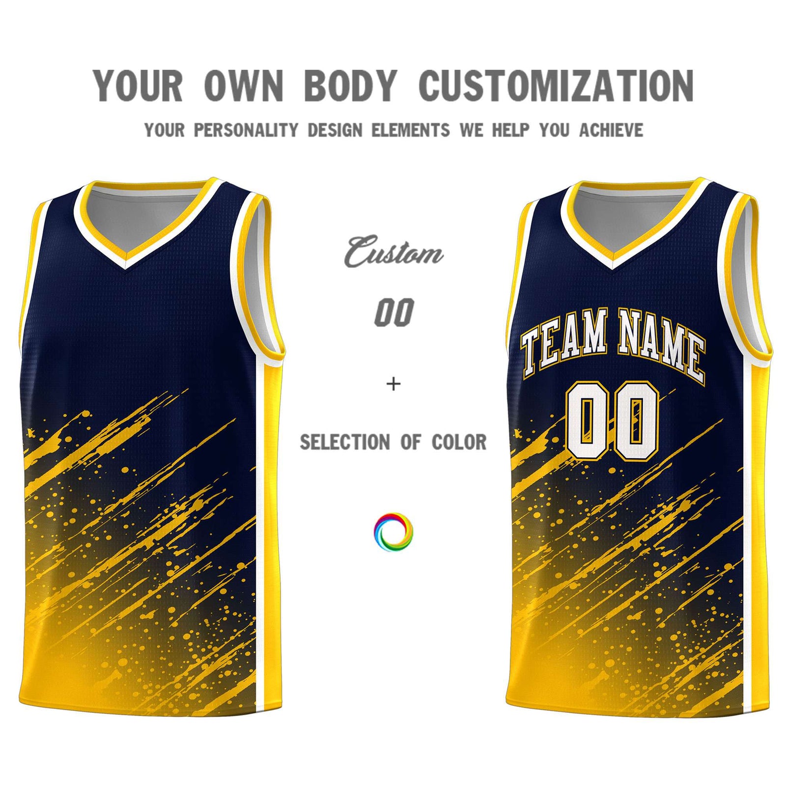 Custom Navy Basketball Kits With Yellow Paint Graffiti