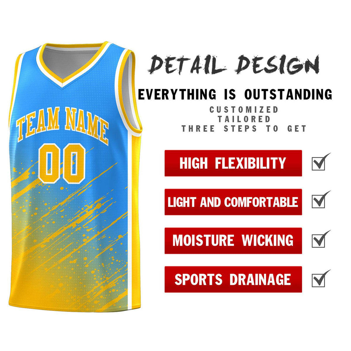 Custom Powder Blue Basketball Kits With Yellow Paint Graffiti