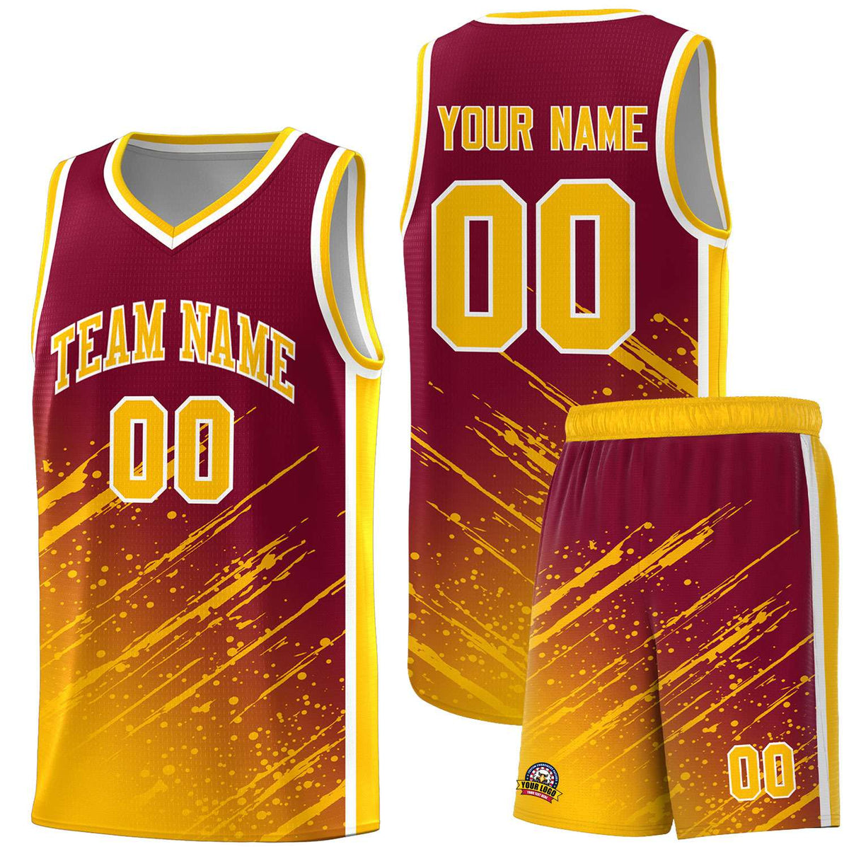 Custom Crimson Basketball Kits With Yellow Paint Graffiti