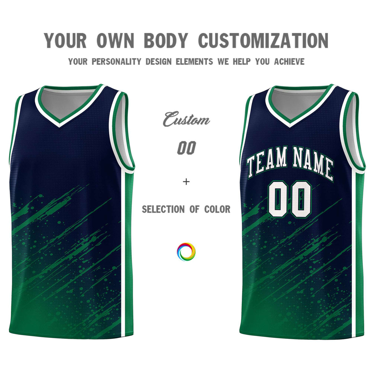 Custom Navy Basketball Kits With Kelly Green Paint Graffiti