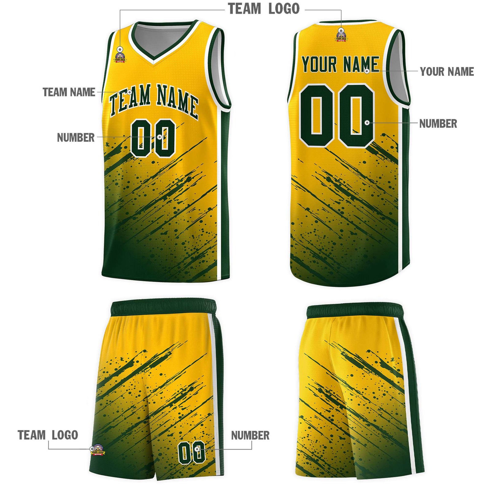 Custom Yellow Basketball Kits With Green Paint Graffiti