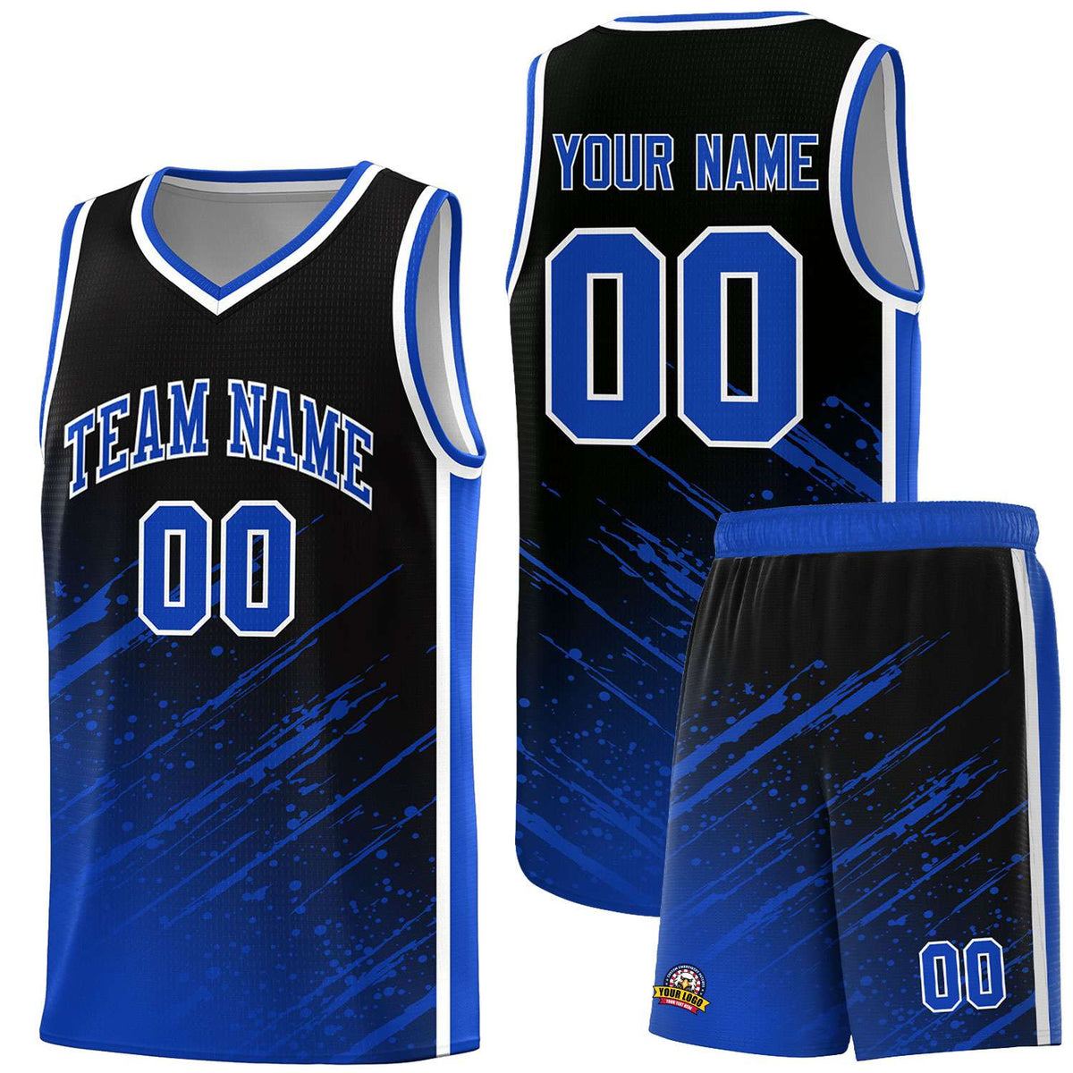 Custom Black Basketball Kits With Royal Paint Graffiti