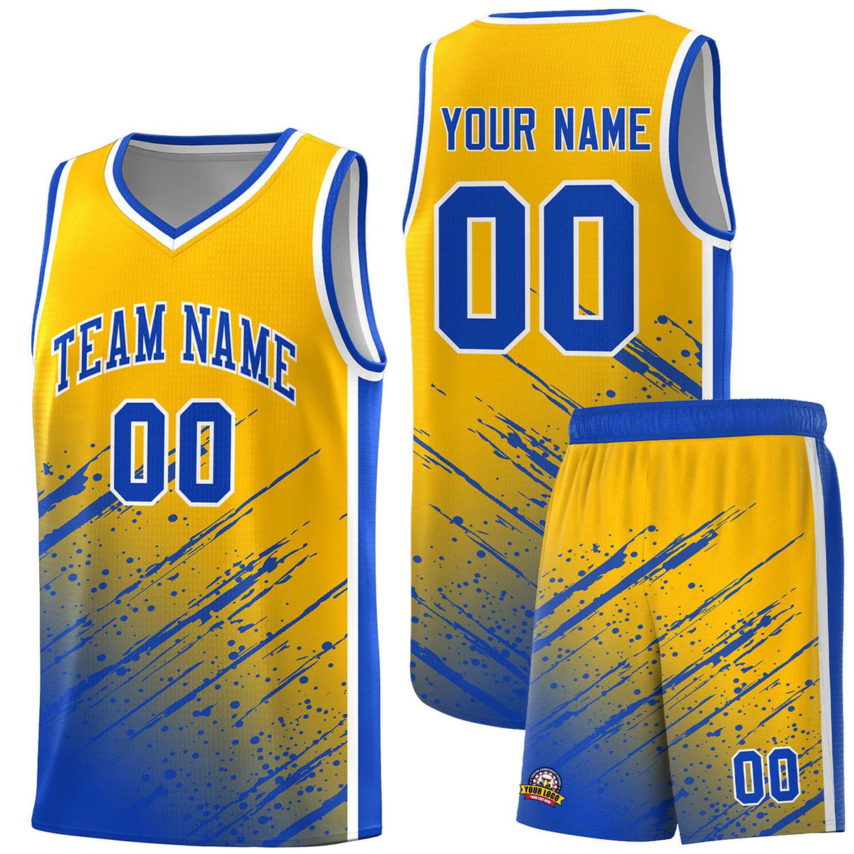 Custom Yellow Basketball Kits With Royal Paint Graffiti