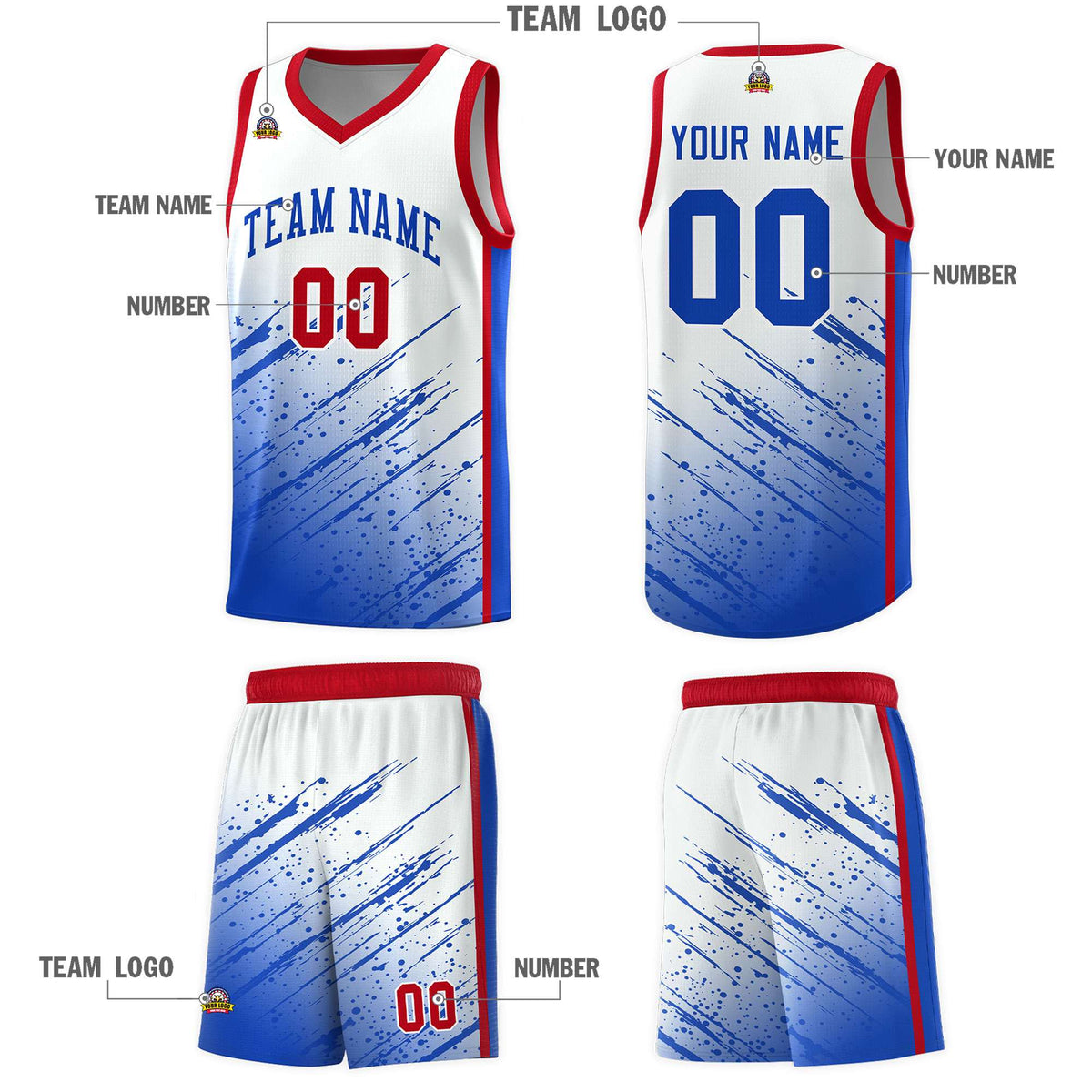 Custom White Basketball Kits With Royal Paint Graffiti