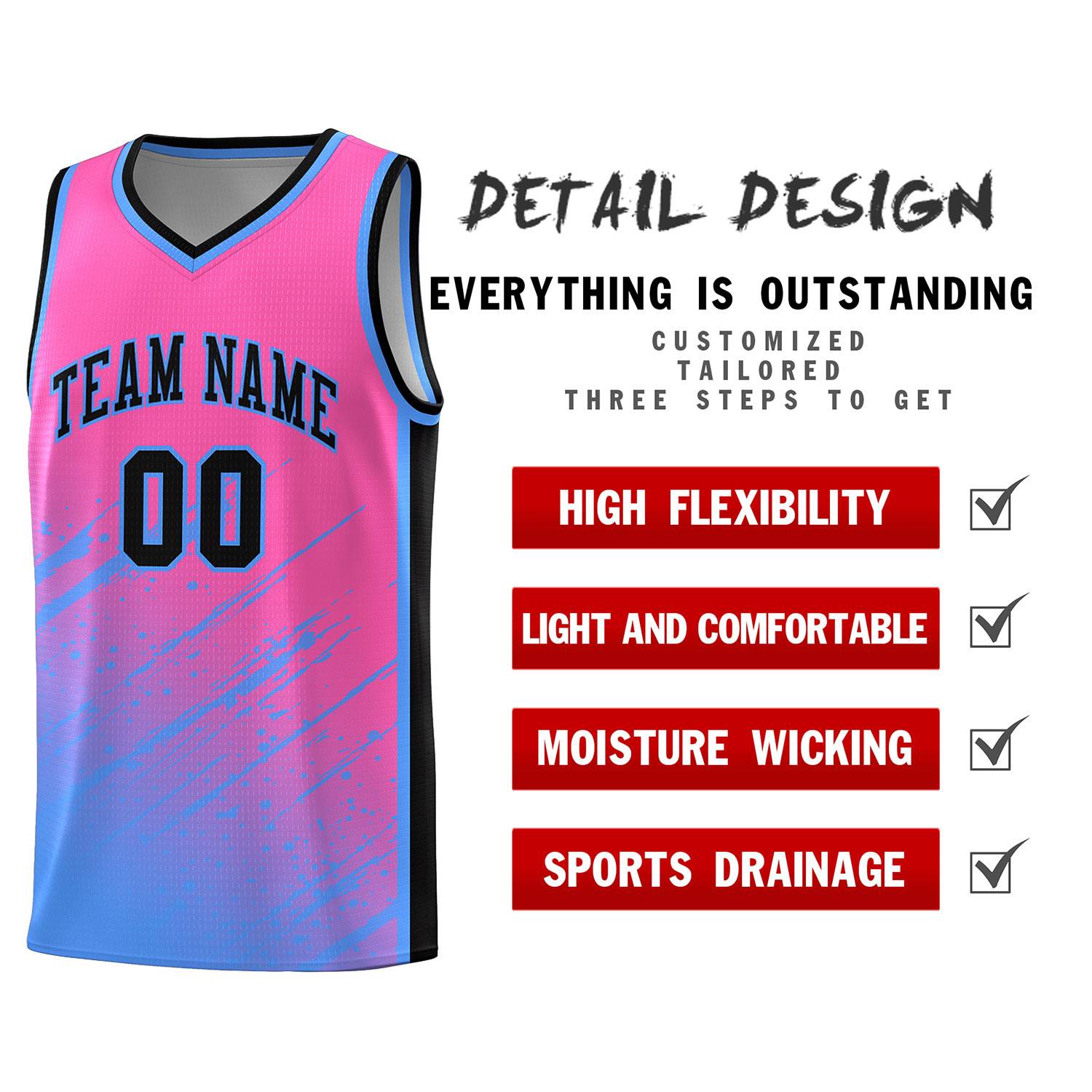 Custom Pink Basketball Kits With Powder Blue Paint Graffiti