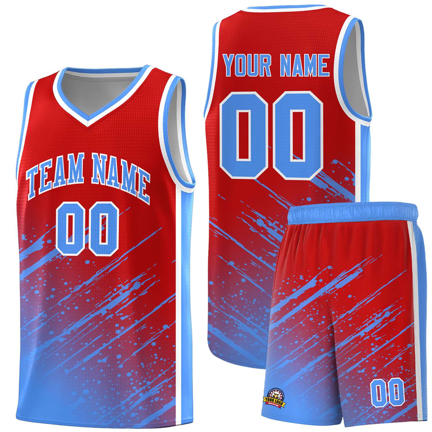 Custom Red Basketball Kits With Powder Blue Paint Graffiti