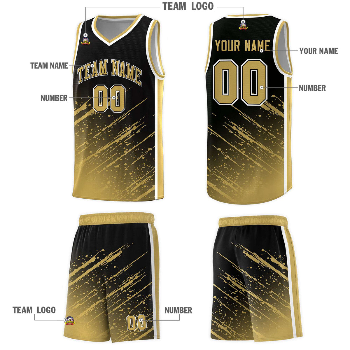 Custom Black Basketball Kits With Old Gold Paint Graffiti