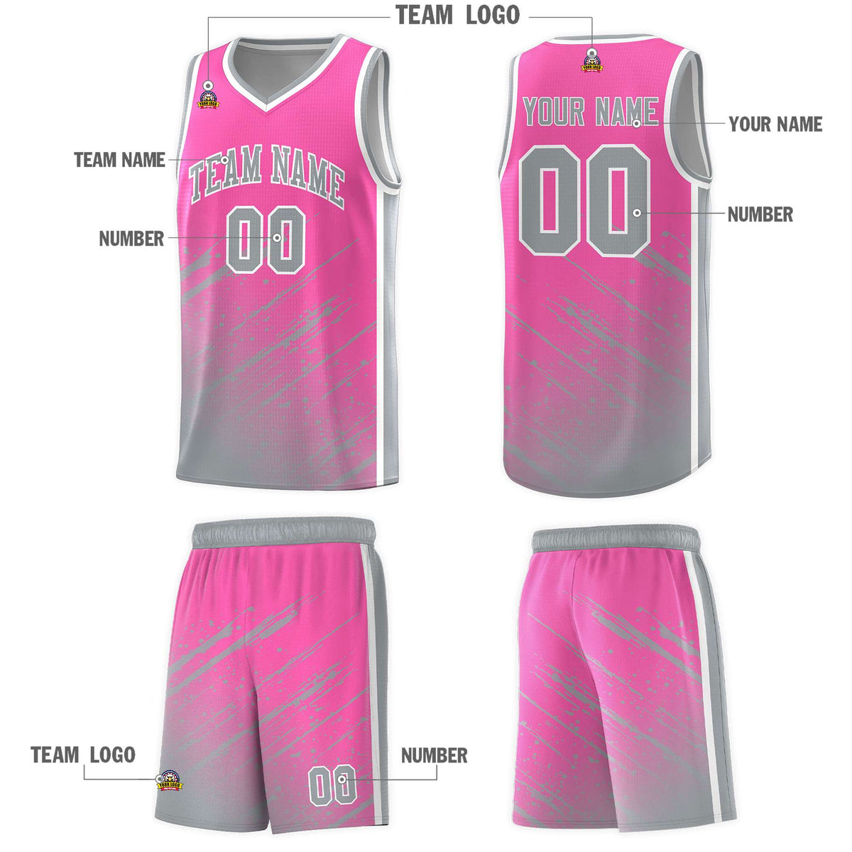 Custom Pink Basketball Kits With Gray Paint Graffiti