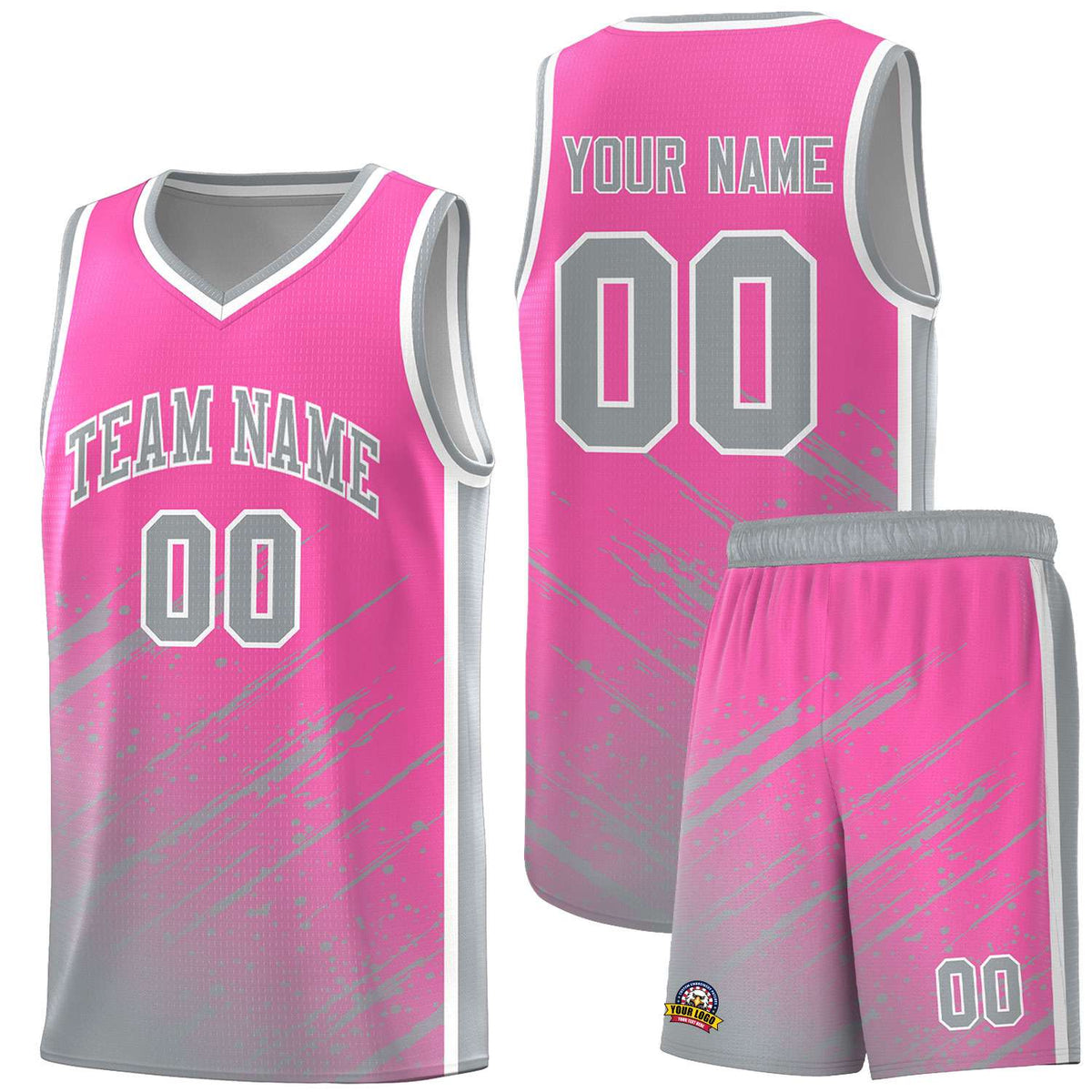 Custom Pink Basketball Kits With Gray Paint Graffiti