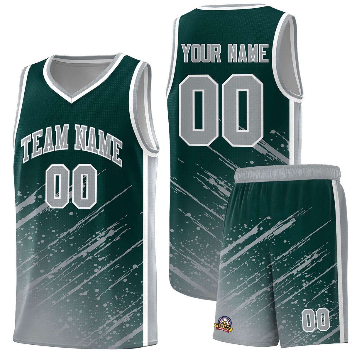 Custom Midnight Green Basketball Kits With Gray Paint Graffiti