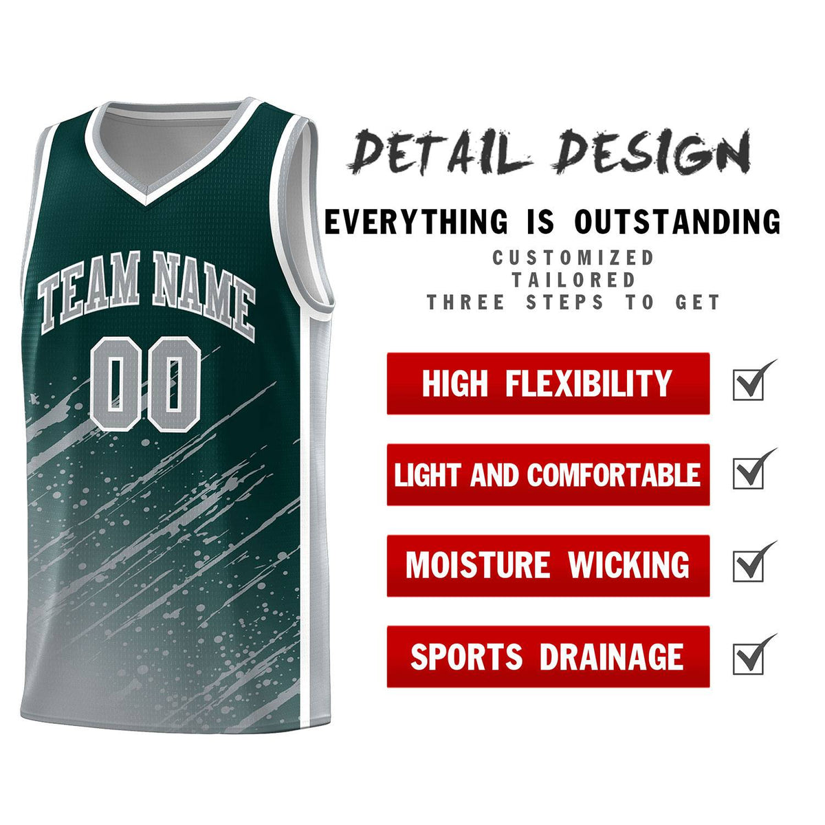 Custom Midnight Green Basketball Kits With Gray Paint Graffiti
