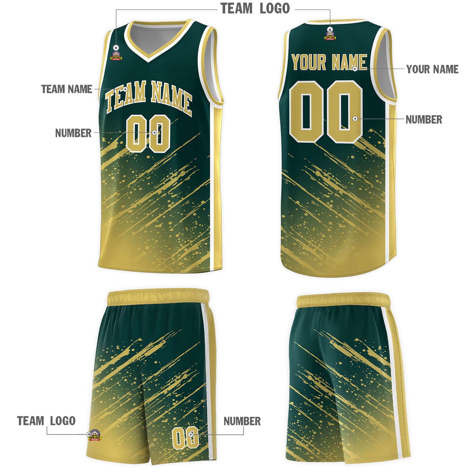 Custom Midnight Green Basketball Kits With Khaki Paint Graffiti