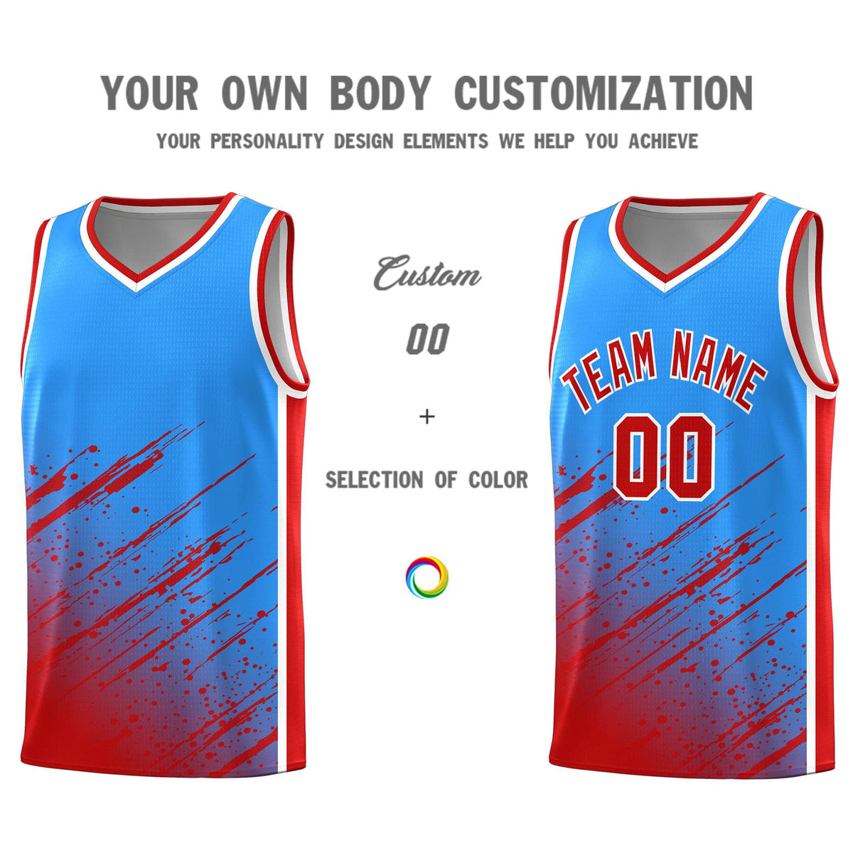 Custom Powder Blue Basketball Kits With Red Paint Graffiti