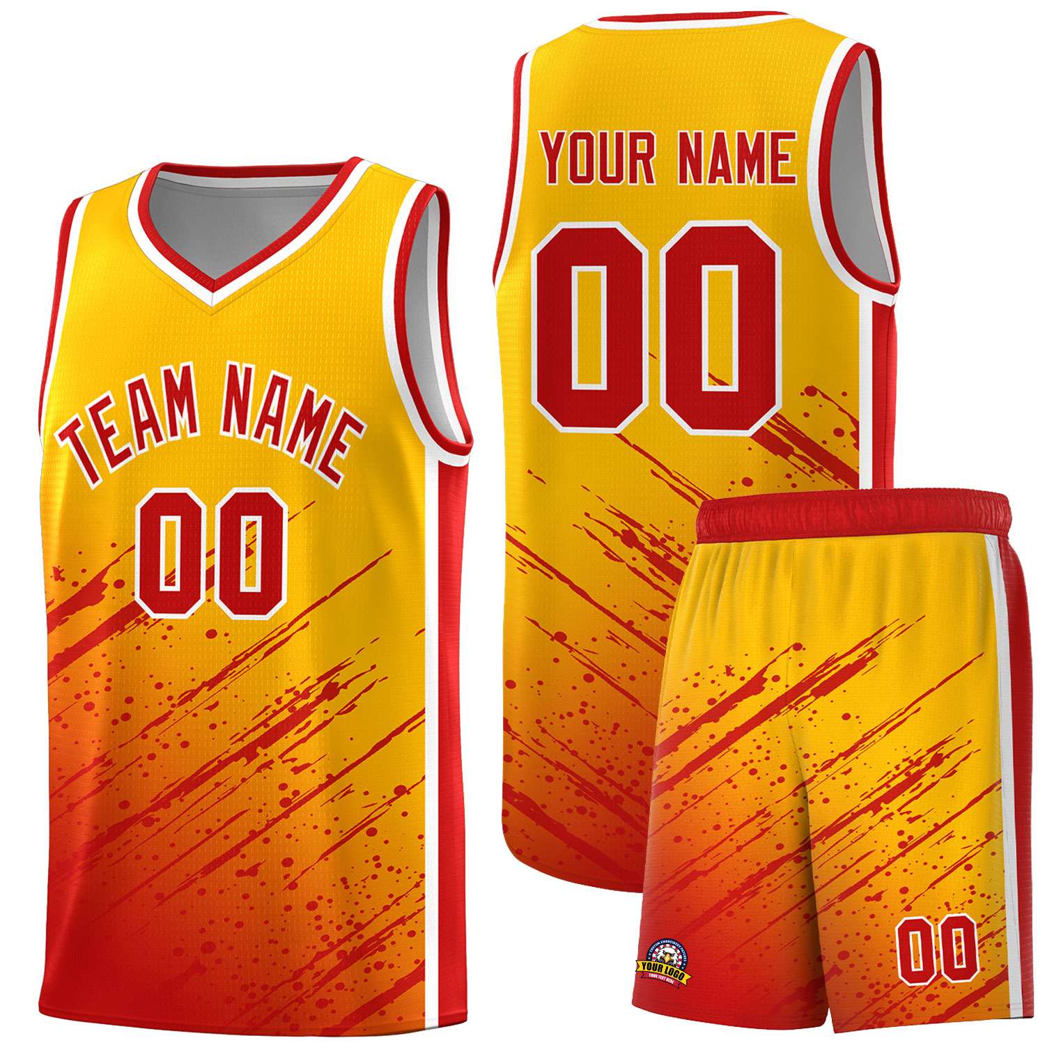 Custom Yellow Basketball Kits With Red Paint Graffiti