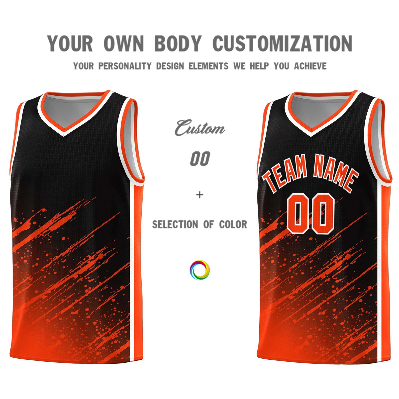 Custom Black Basketball Kits With Orange Paint Graffiti