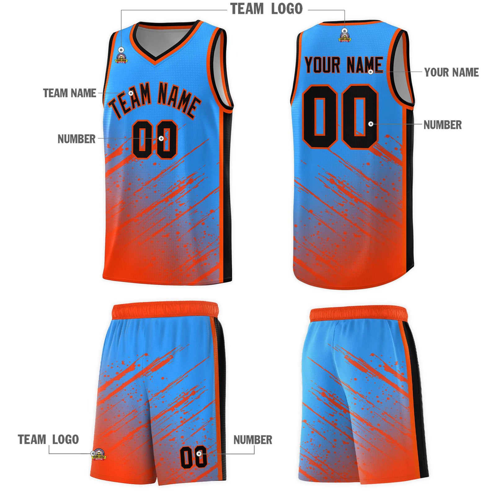 Custom Powder Blue Basketball Kits With Orange Paint Graffiti