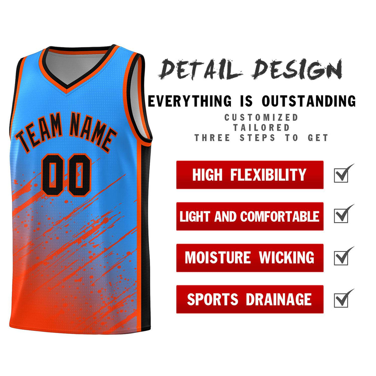 Custom Powder Blue Basketball Kits With Orange Paint Graffiti