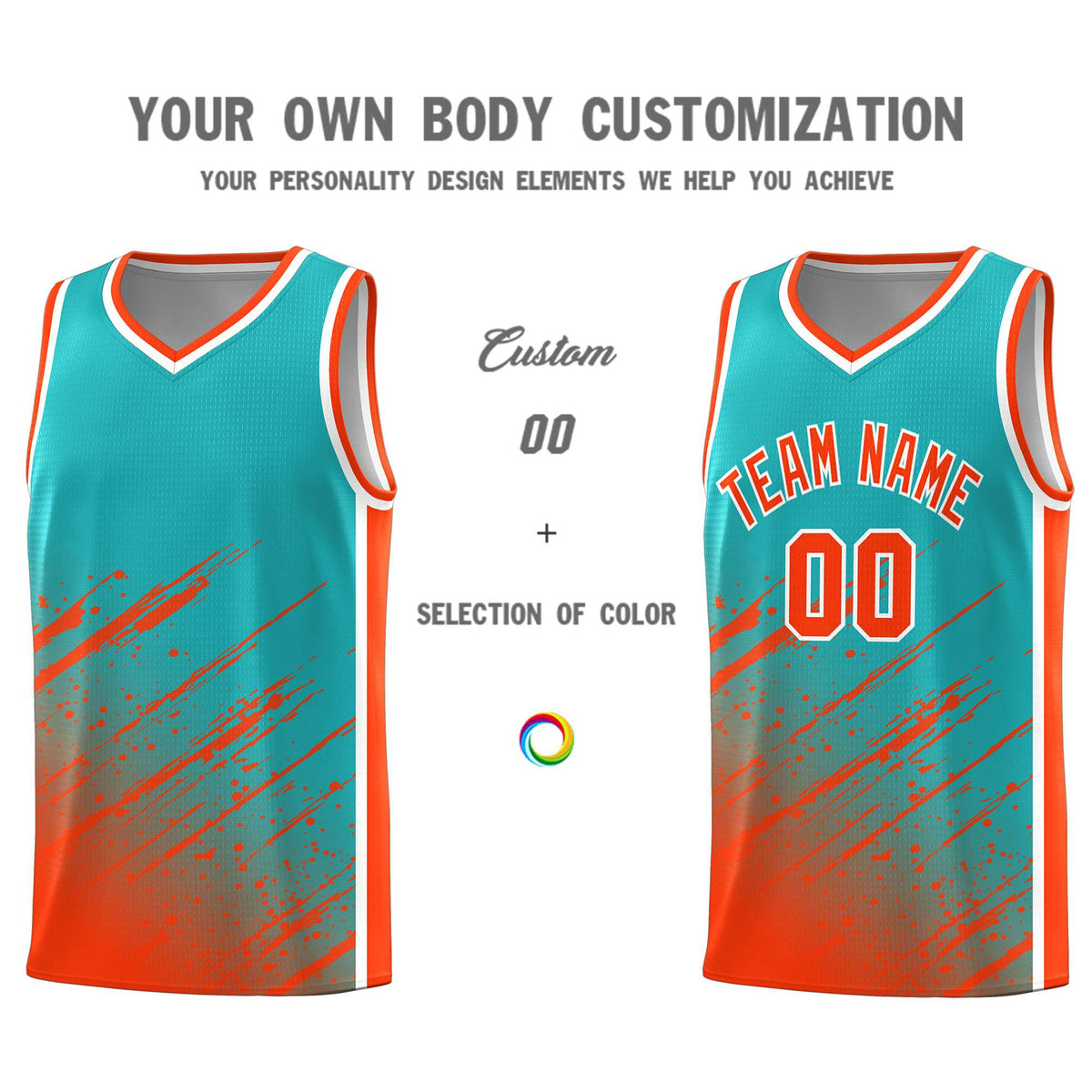 Custom Aqua Basketball Kits With Orange Paint Graffiti