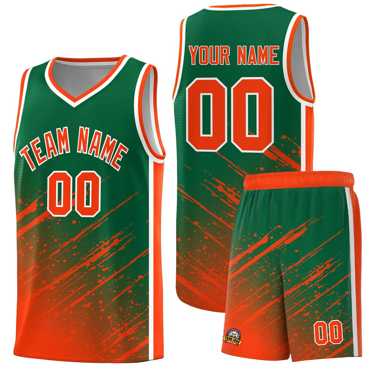 Custom Kelly Green Basketball Kits With Orange Paint Graffiti