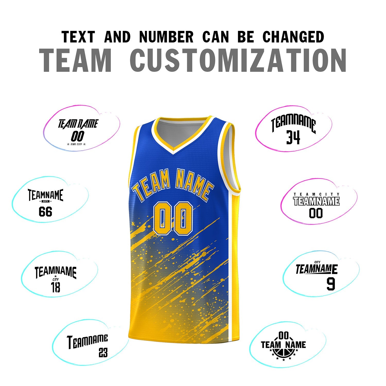 Custom Royal Basketball Kits With Yellow Paint Graffiti