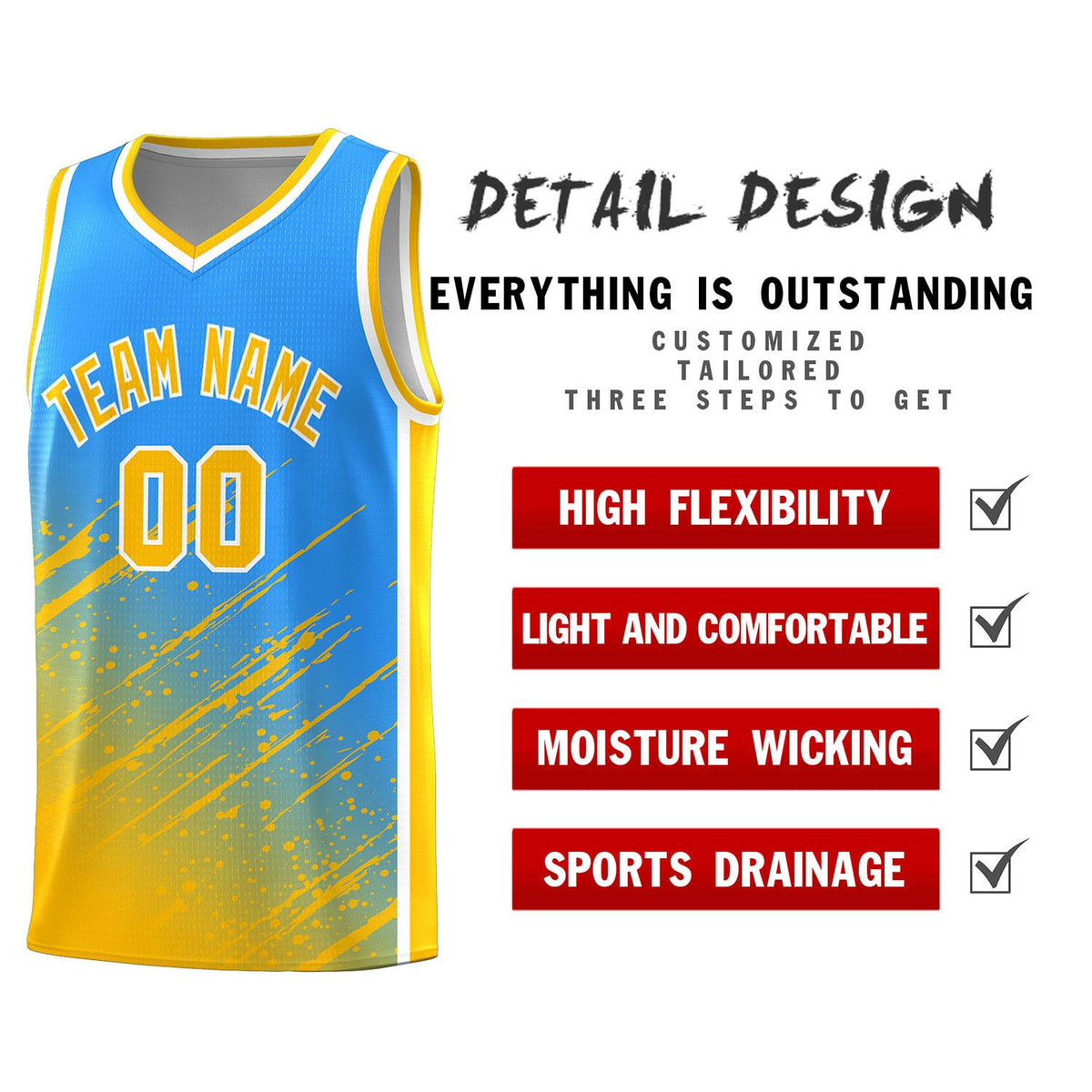 Custom Powder Blue Basketball Kits With Yellow Paint Graffiti