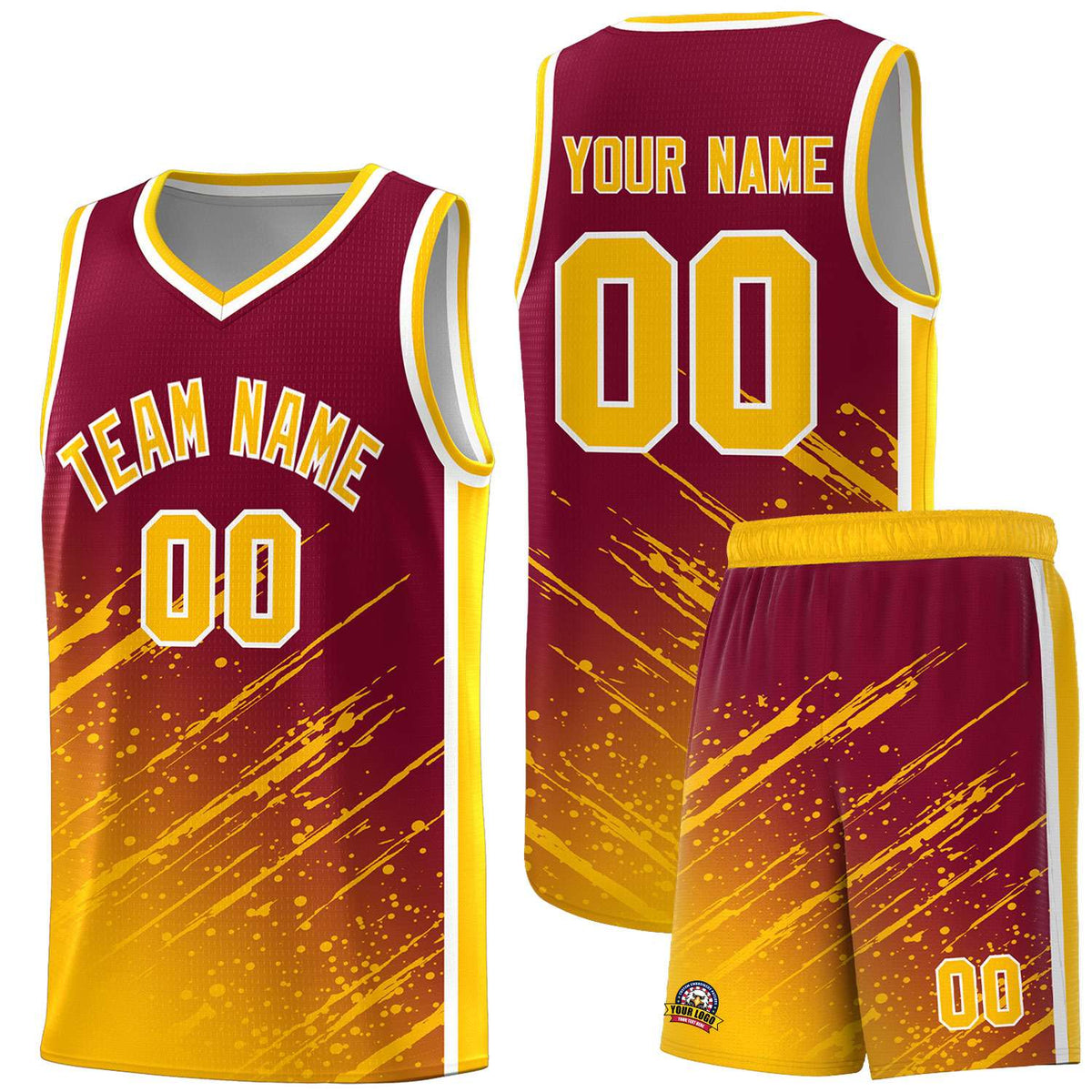Custom Crimson Basketball Kits With Yellow Paint Graffiti