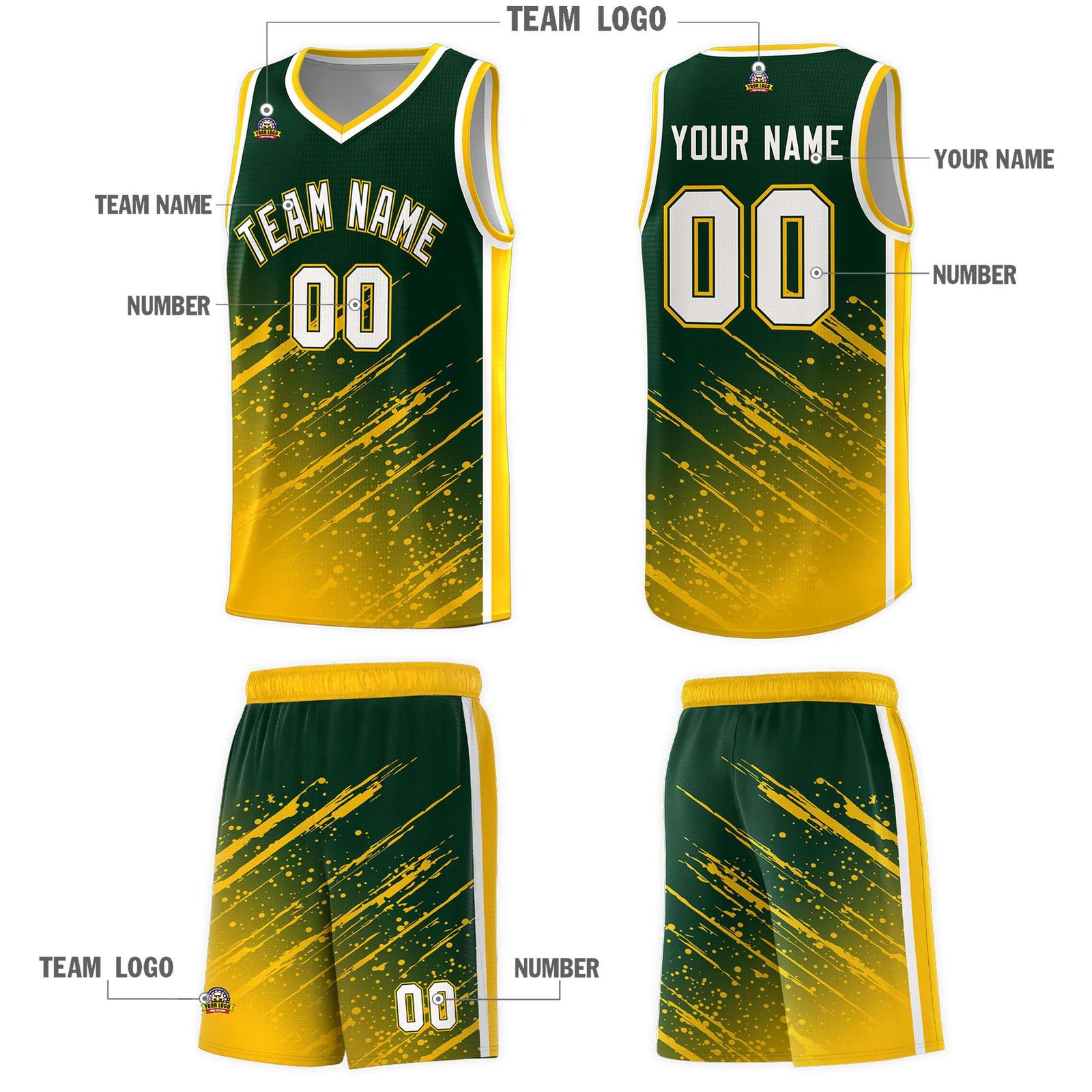 Custom Green Basketball Kits With Yellow Paint Graffiti