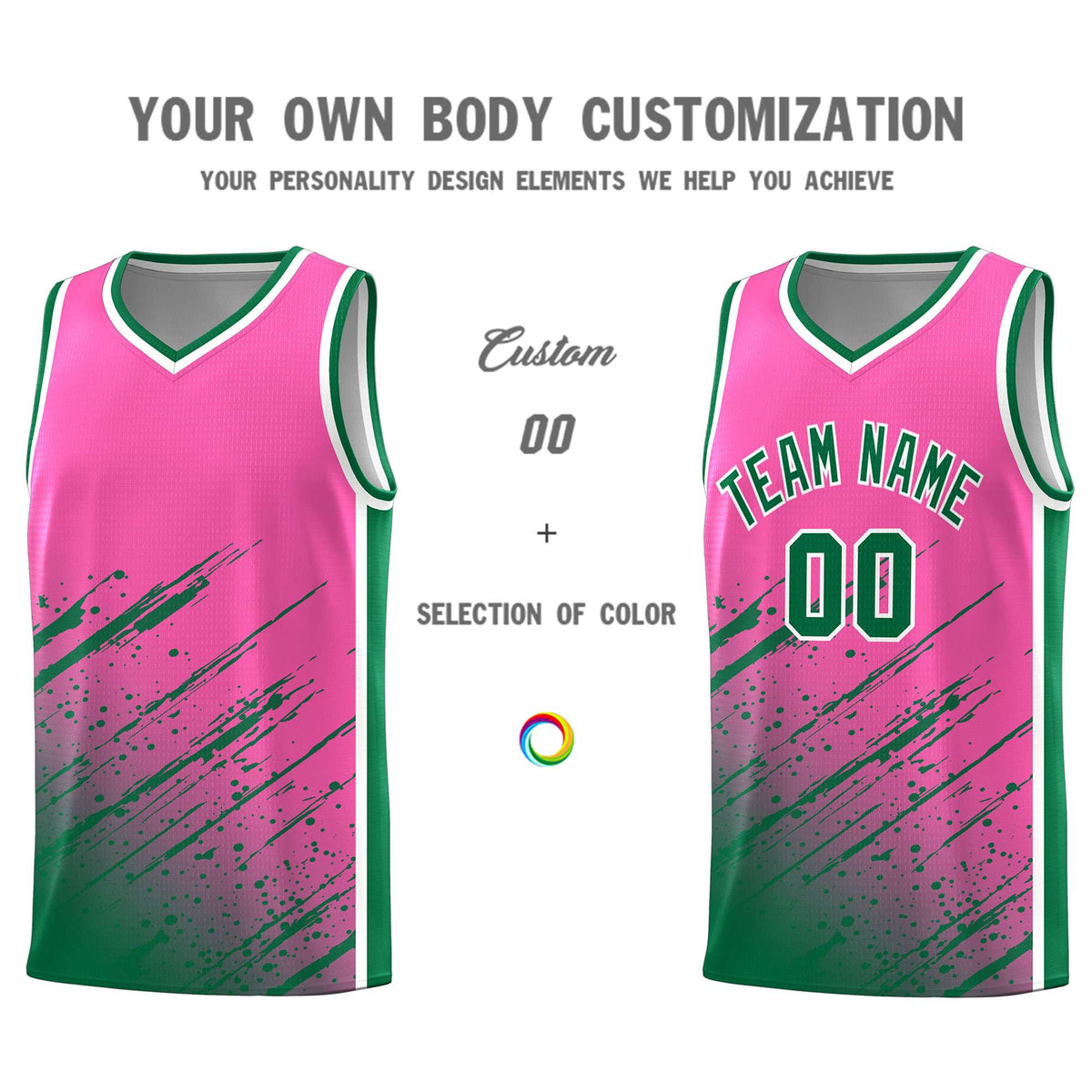 Custom Pink Basketball Kits With Kelly Green Paint Graffiti
